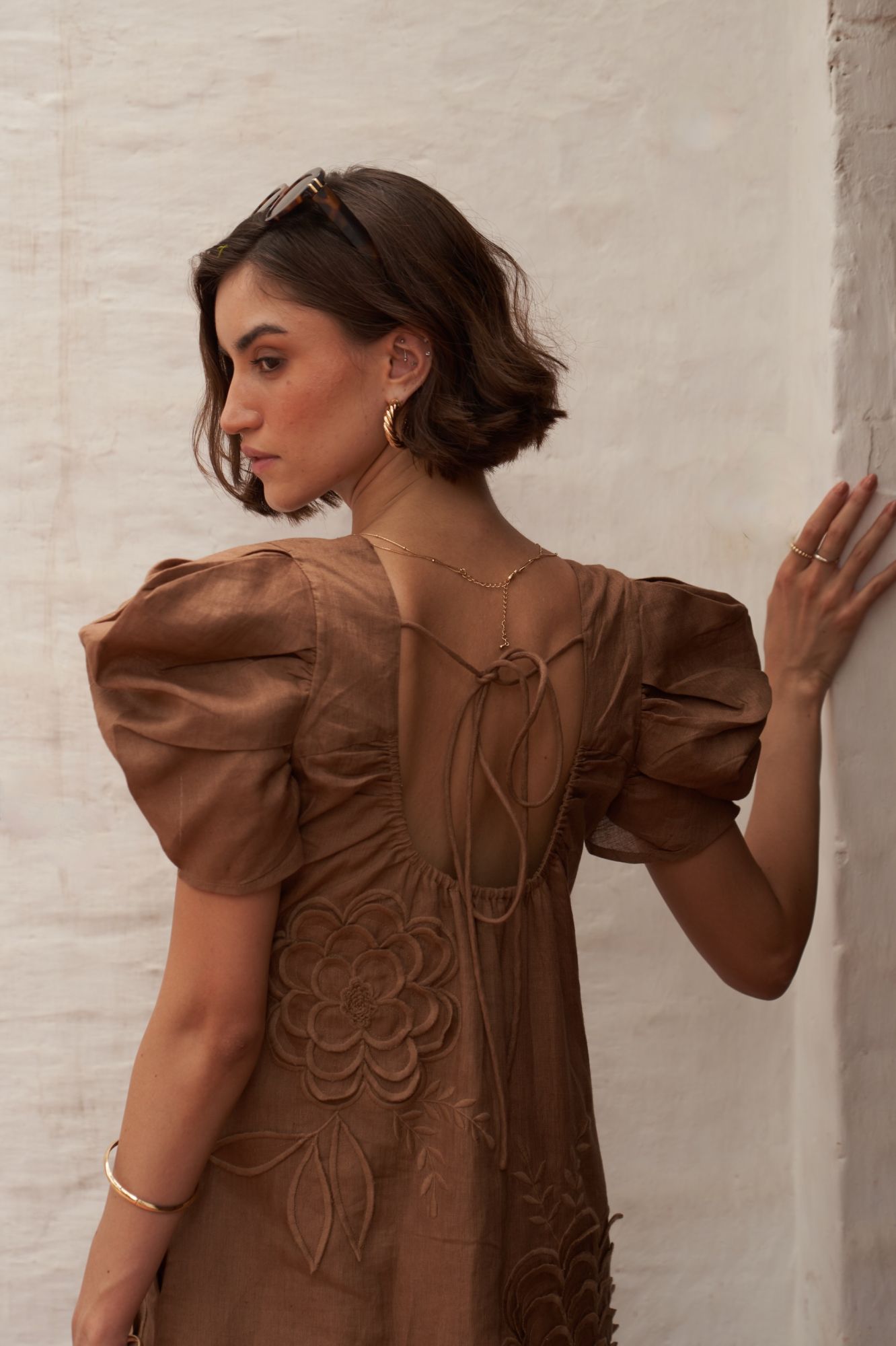 FLORENTINA BROWN COLOR PURE LINEN GABRIC KNEE LENGTH EMBROIDERED LINED SUMMER DRESS WITH RUCHED SLEEVES