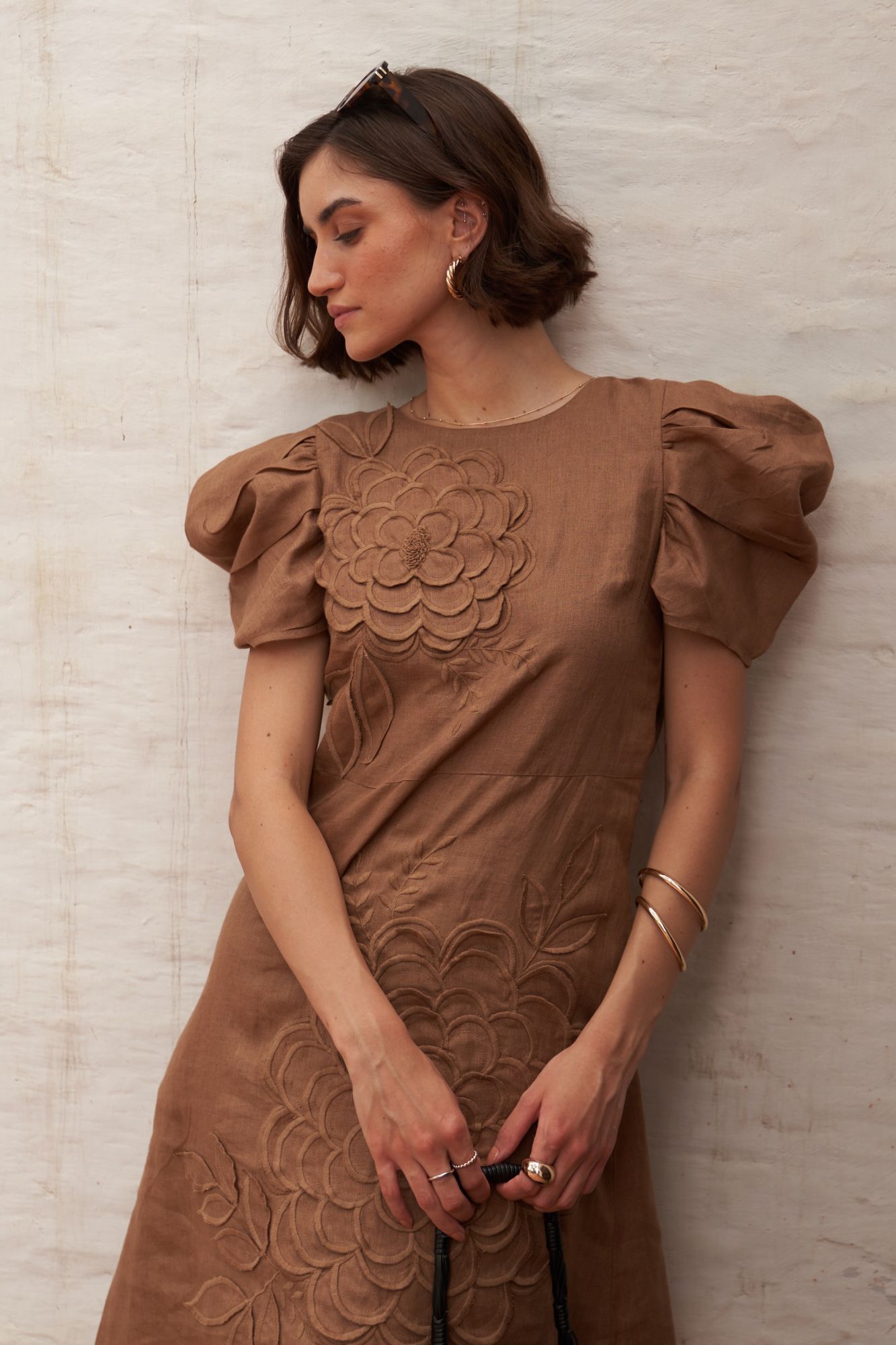 FLORENTINA BROWN COLOR PURE LINEN GABRIC KNEE LENGTH EMBROIDERED LINED SUMMER DRESS WITH RUCHED SLEEVES