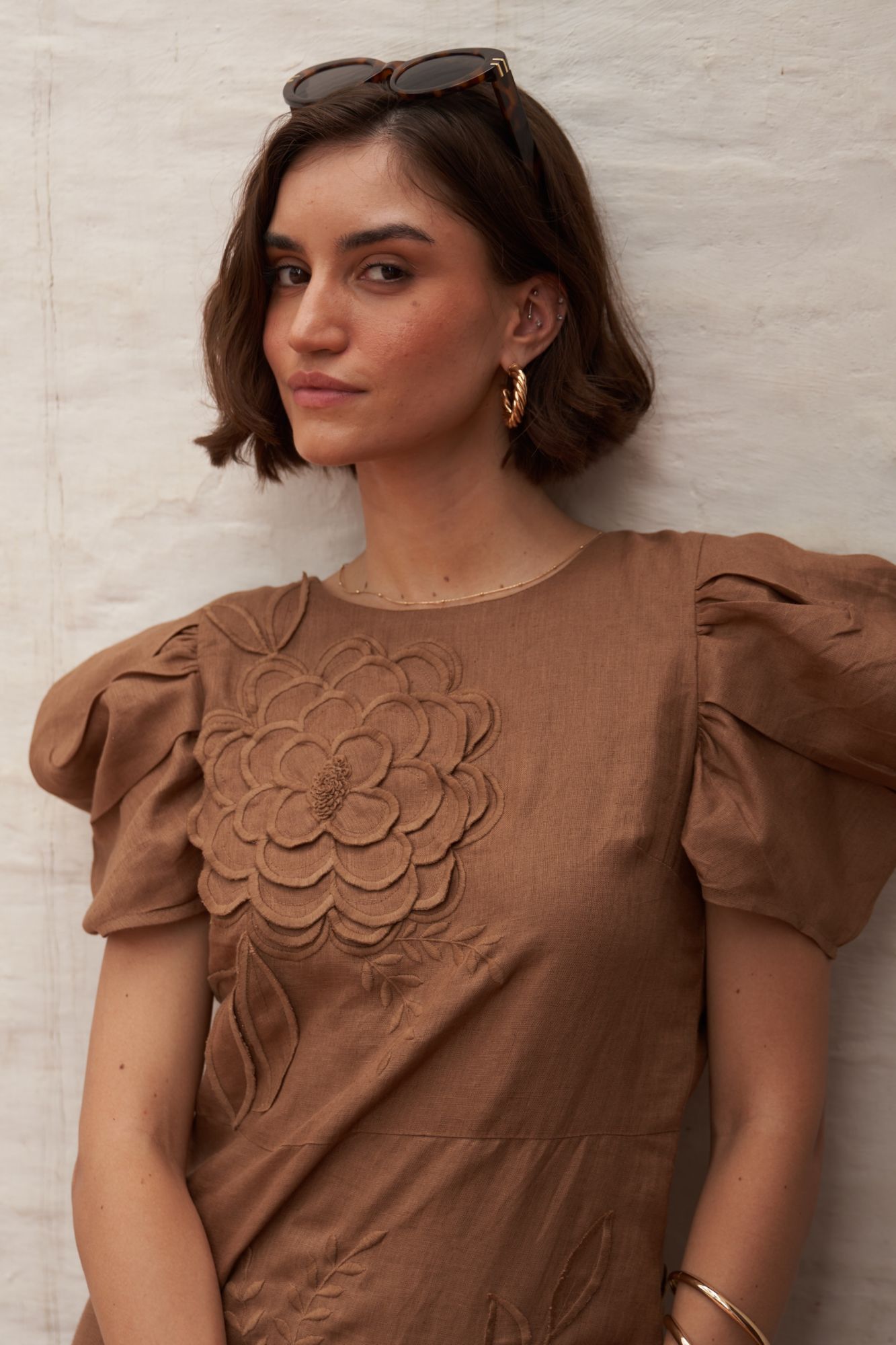 FLORENTINA BROWN COLOR PURE LINEN GABRIC KNEE LENGTH EMBROIDERED LINED SUMMER DRESS WITH RUCHED SLEEVES