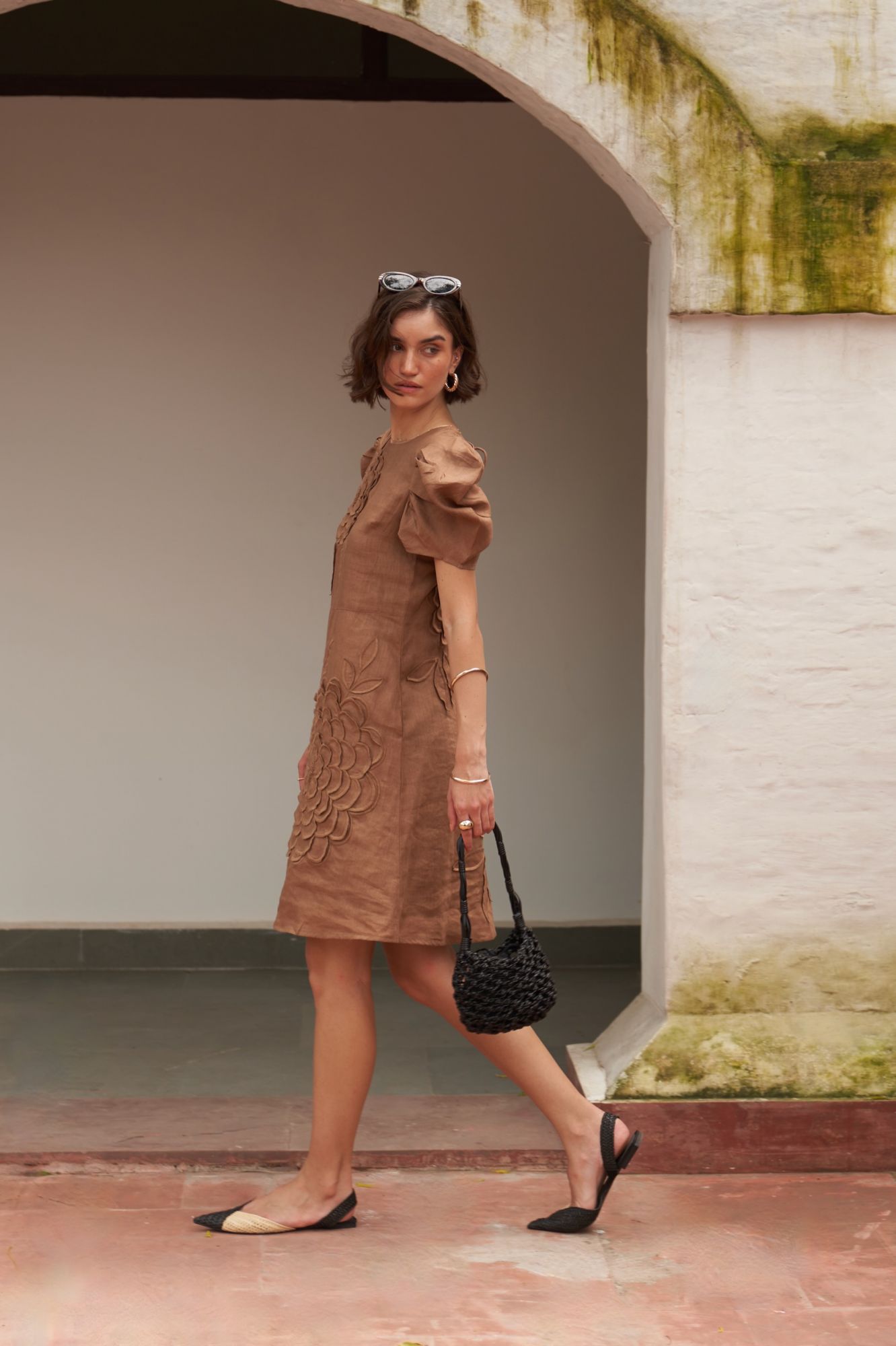 FLORENTINA BROWN COLOR PURE LINEN GABRIC KNEE LENGTH EMBROIDERED LINED SUMMER DRESS WITH RUCHED SLEEVES