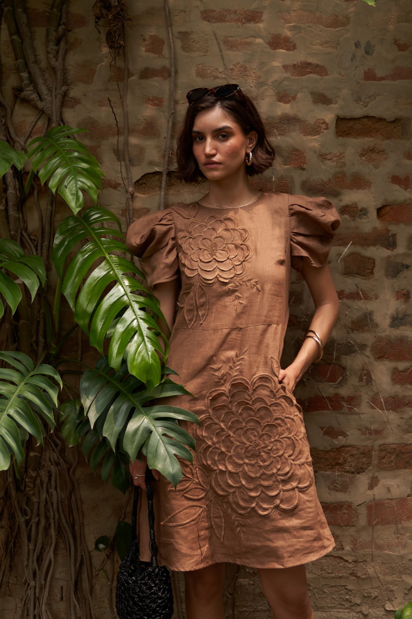 FLORENTINA BROWN COLOR PURE LINEN GABRIC KNEE LENGTH EMBROIDERED LINED SUMMER DRESS WITH RUCHED SLEEVES
