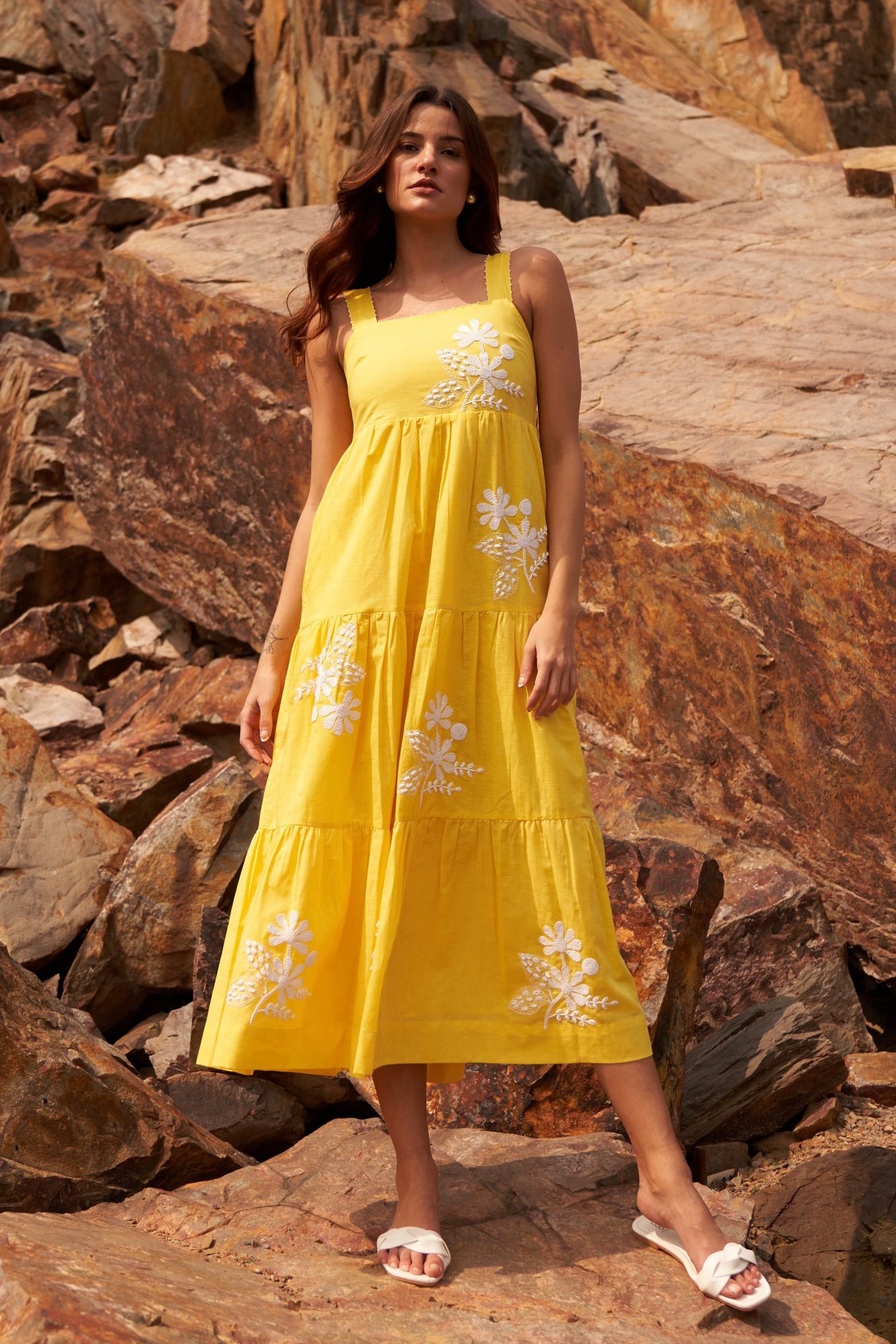DESERT ROSE YELLOW COLOR SLEEVELESS LINEN MIDI LENGTH TIER DRESS WITH HAND EMBROIDERY