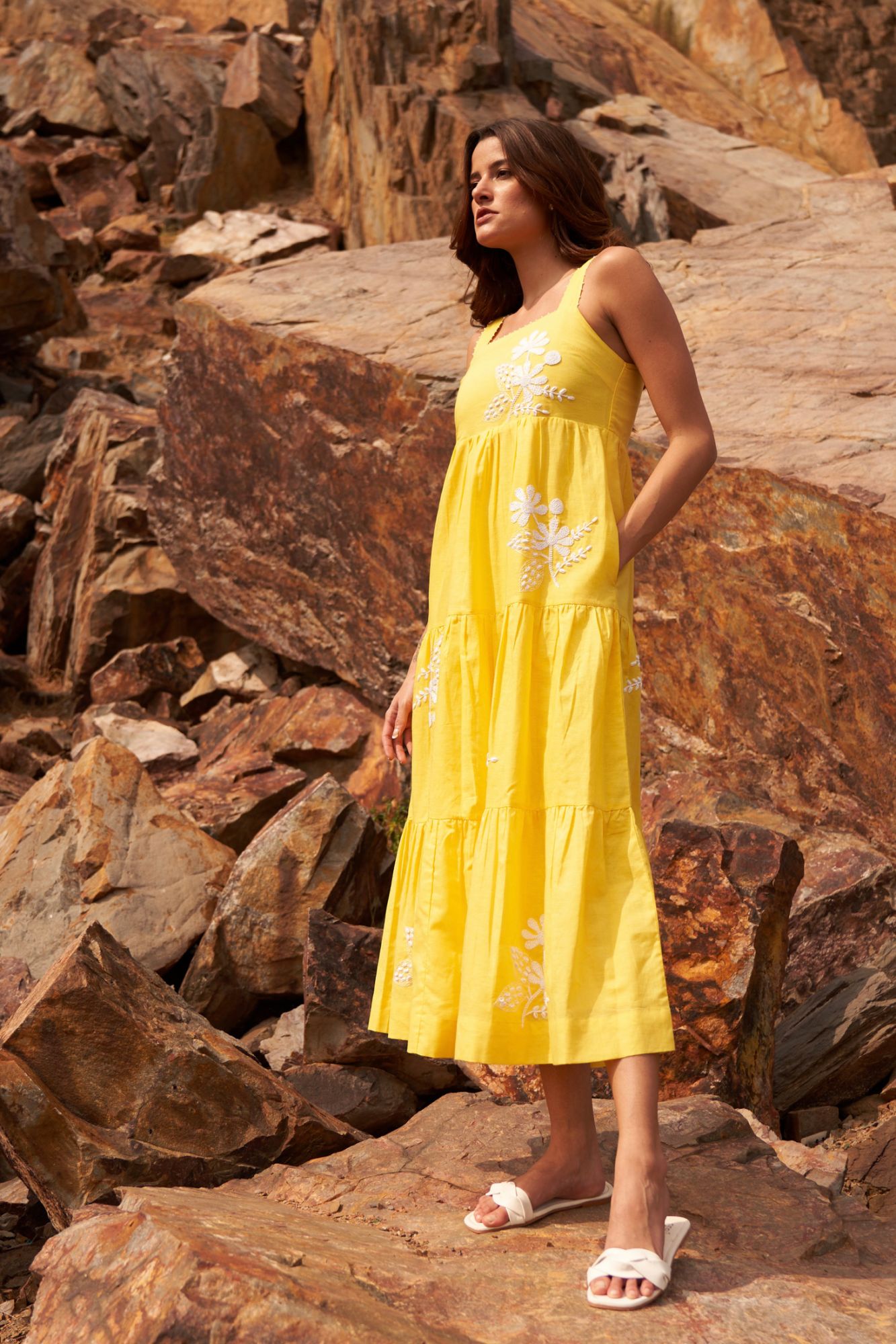 DESERT ROSE YELLOW COLOR SLEEVELESS LINEN MIDI LENGTH TIER DRESS WITH HAND EMBROIDERY