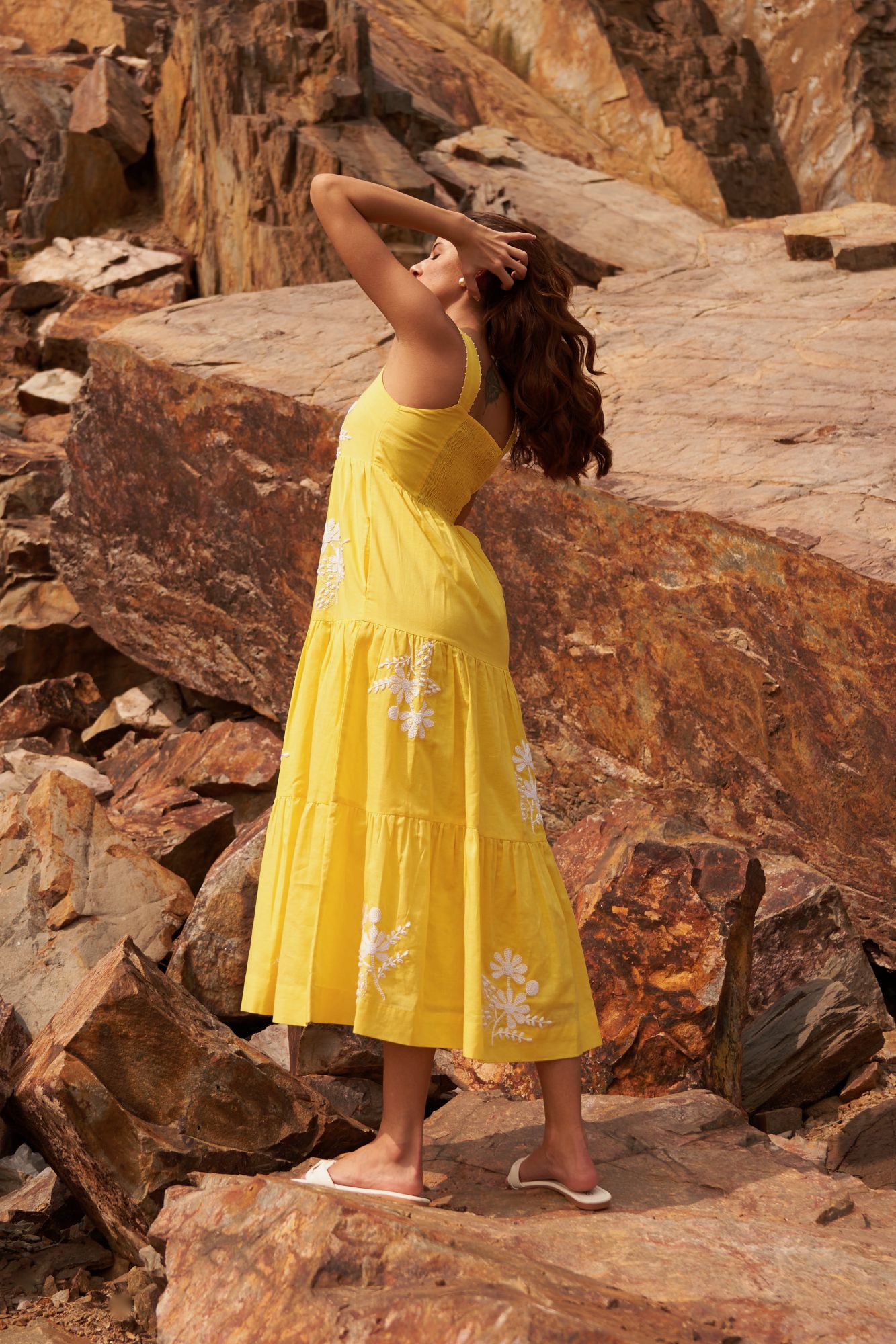 DESERT ROSE YELLOW COLOR SLEEVELESS LINEN MIDI LENGTH TIER DRESS WITH HAND EMBROIDERY