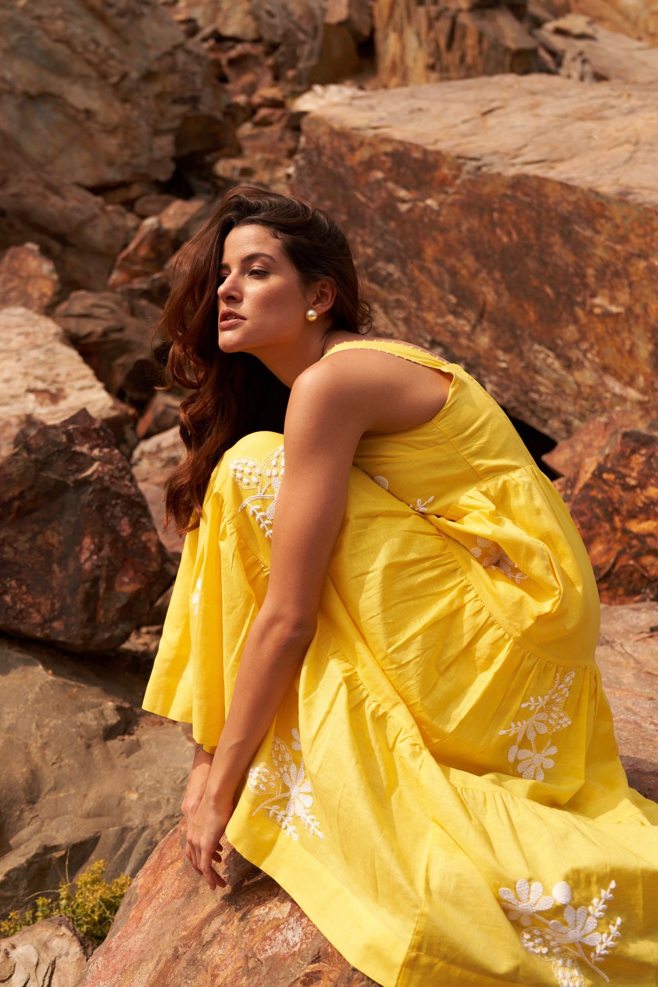 DESERT ROSE YELLOW COLOR SLEEVELESS LINEN MIDI LENGTH TIER DRESS WITH HAND EMBROIDERY