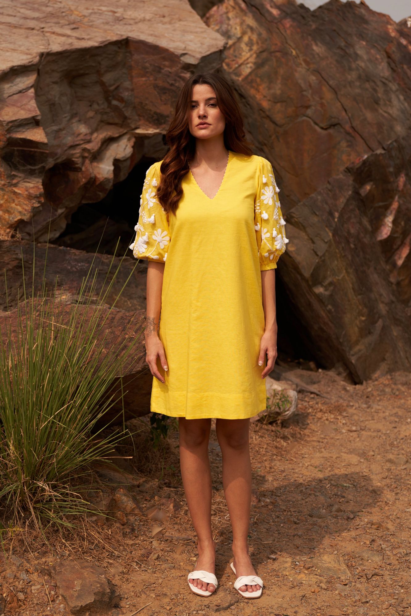 DESERT ROSE YELLOW COTTON KNEE LENGTH SHIFT DRESS WITH 34TH LENGTH HAND EMBROIDERED SLEEVES