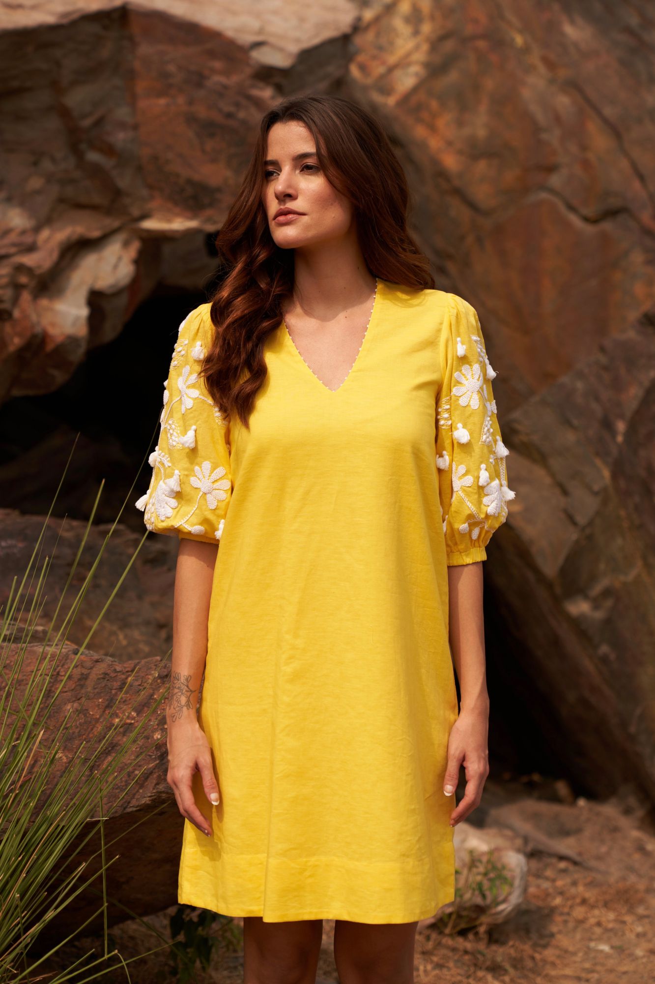 DESERT ROSE YELLOW COTTON KNEE LENGTH SHIFT DRESS WITH 34TH LENGTH HAND EMBROIDERED SLEEVES