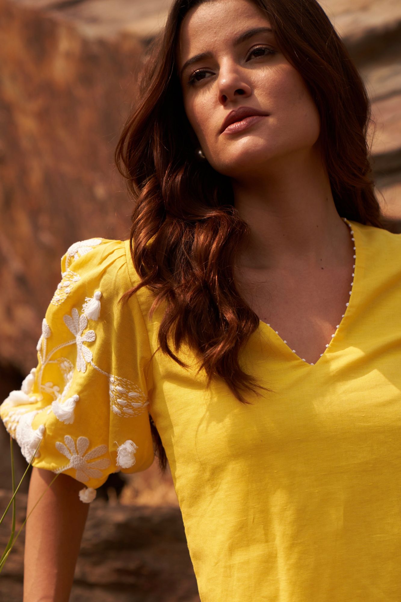 DESERT ROSE YELLOW COTTON KNEE LENGTH SHIFT DRESS WITH 34TH LENGTH HAND EMBROIDERED SLEEVES