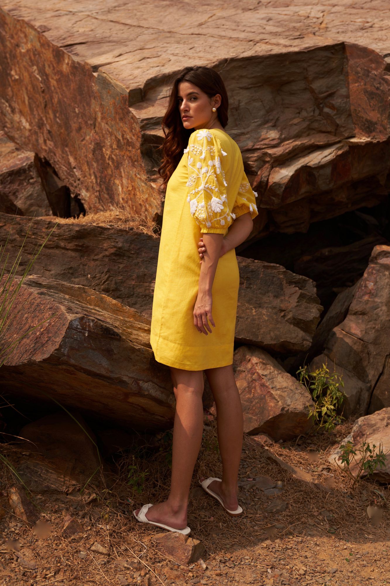DESERT ROSE YELLOW COTTON KNEE LENGTH SHIFT DRESS WITH 34TH LENGTH HAND EMBROIDERED SLEEVES