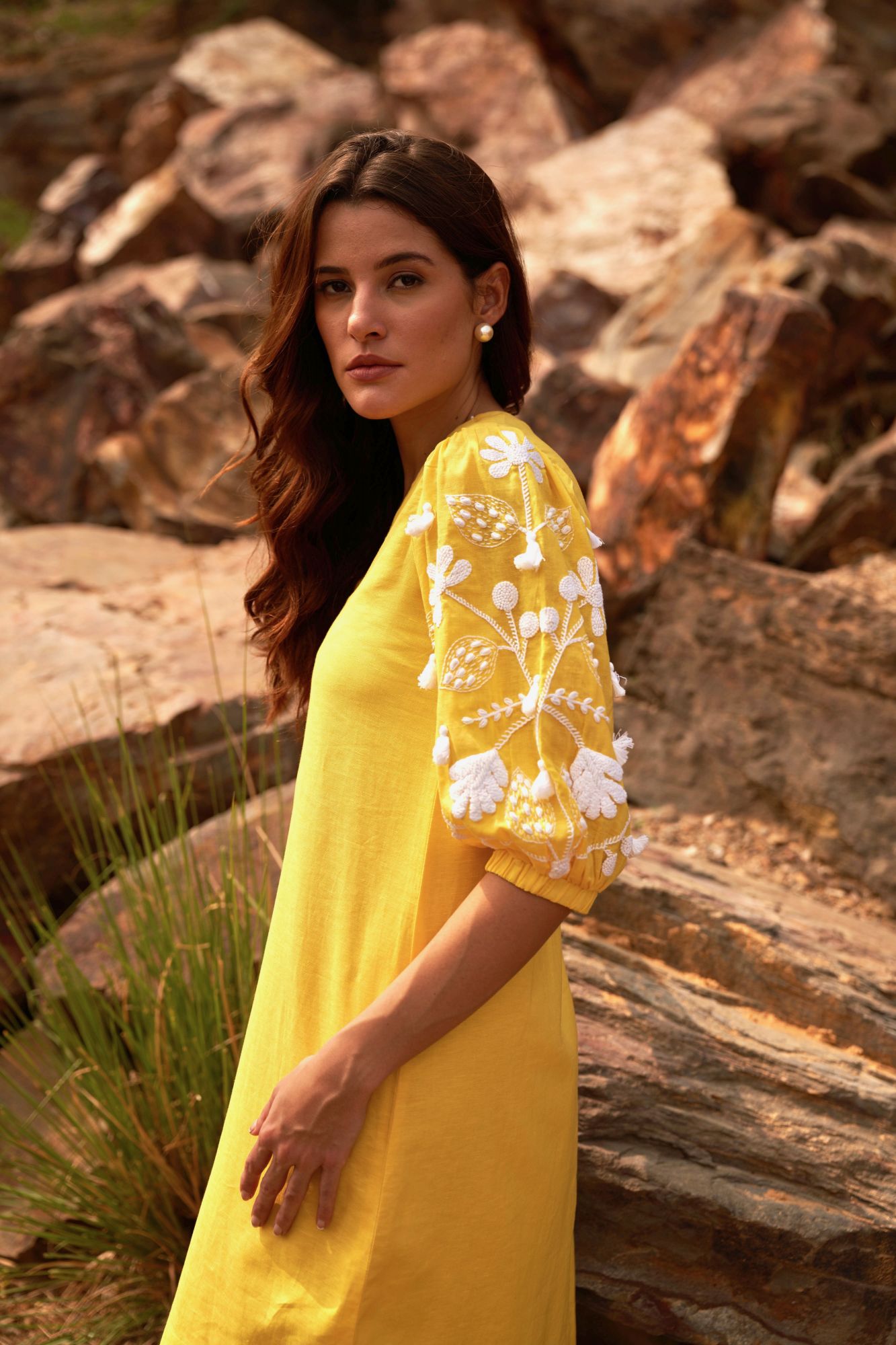 DESERT ROSE YELLOW COTTON KNEE LENGTH SHIFT DRESS WITH 34TH LENGTH HAND EMBROIDERED SLEEVES