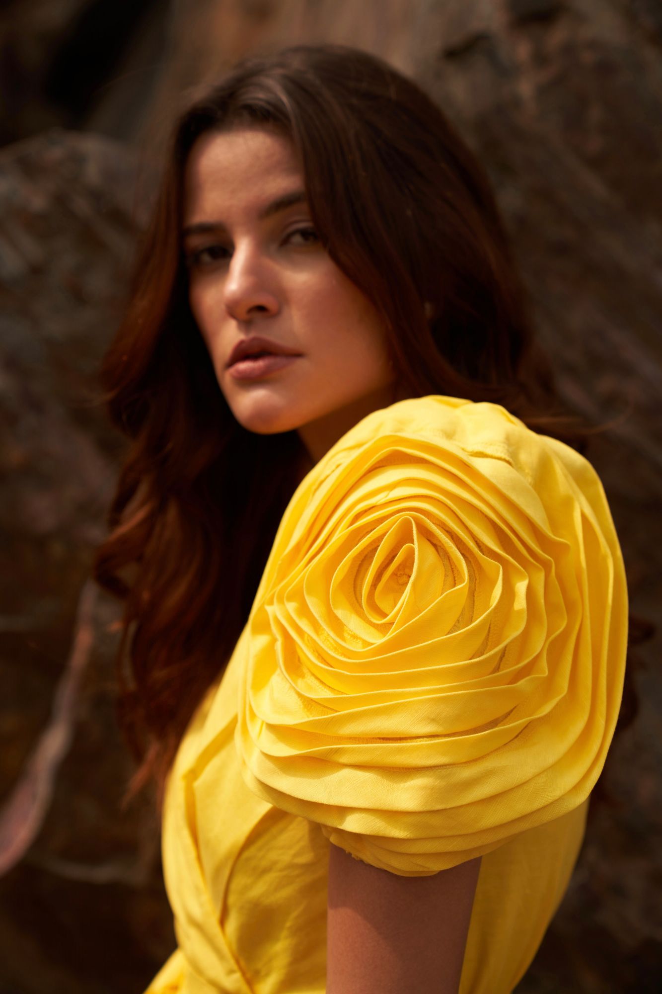 DESERT ROSE YELLOW COLOR LINEN KNEE LENGTH V-NECK DRESS WITH SASH AND DETAILED SLEEVES