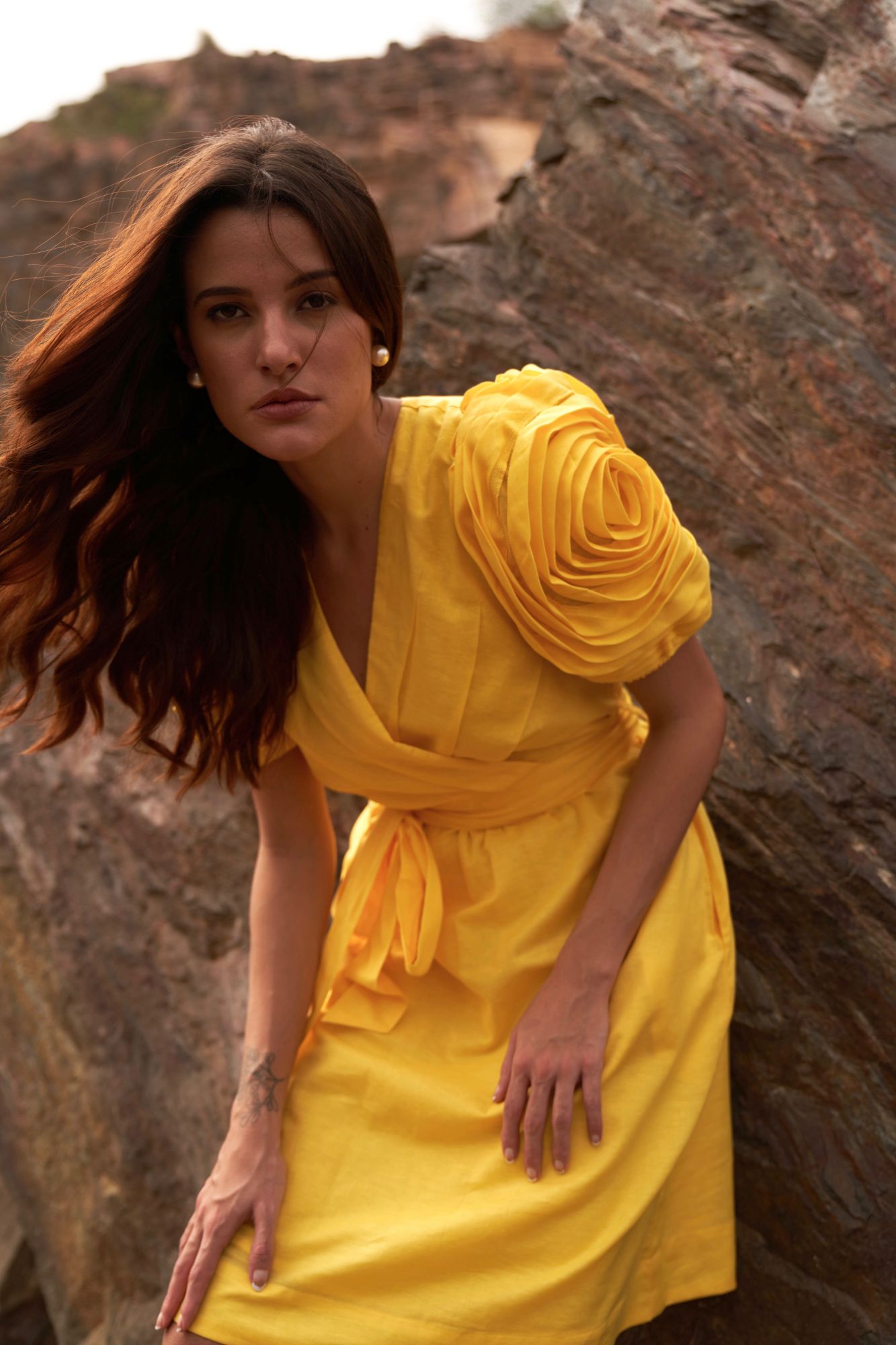 DESERT ROSE YELLOW COLOR LINEN KNEE LENGTH V-NECK DRESS WITH SASH AND DETAILED SLEEVES