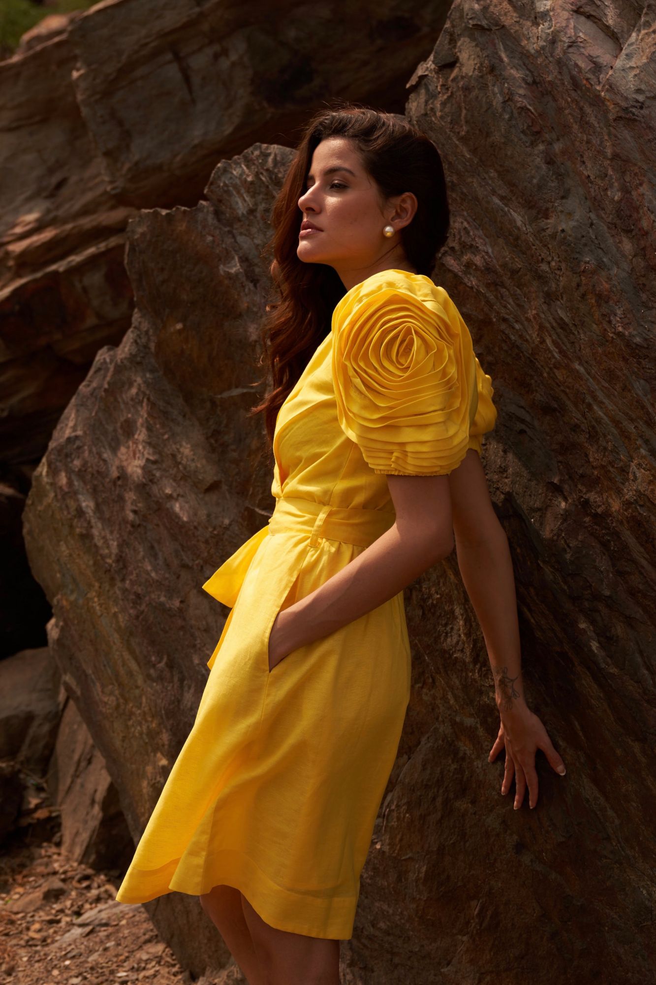 DESERT ROSE YELLOW COLOR LINEN KNEE LENGTH V-NECK DRESS WITH SASH AND DETAILED SLEEVES