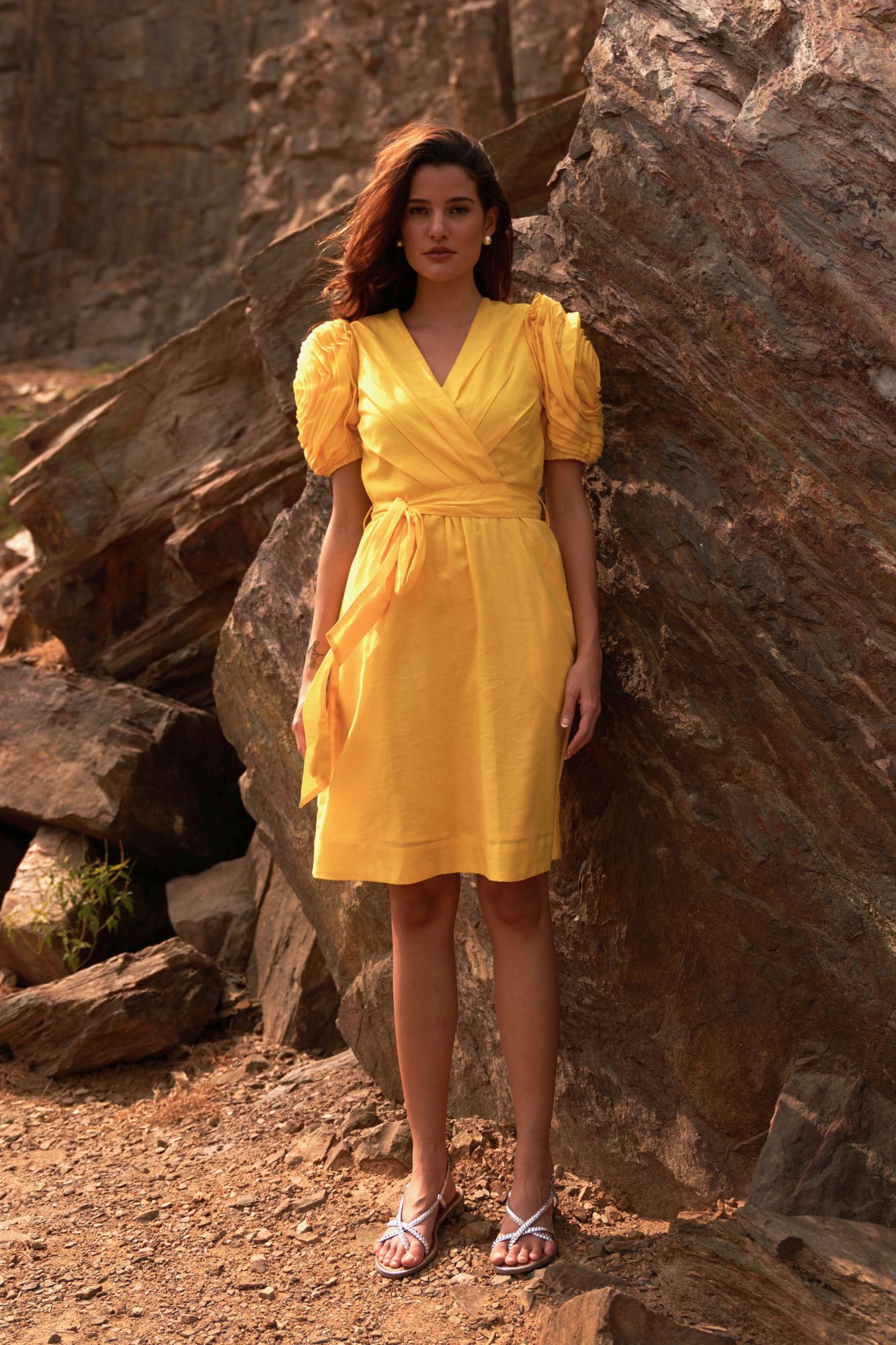 DESERT ROSE YELLOW COLOR LINEN KNEE LENGTH V-NECK DRESS WITH SASH AND DETAILED SLEEVES