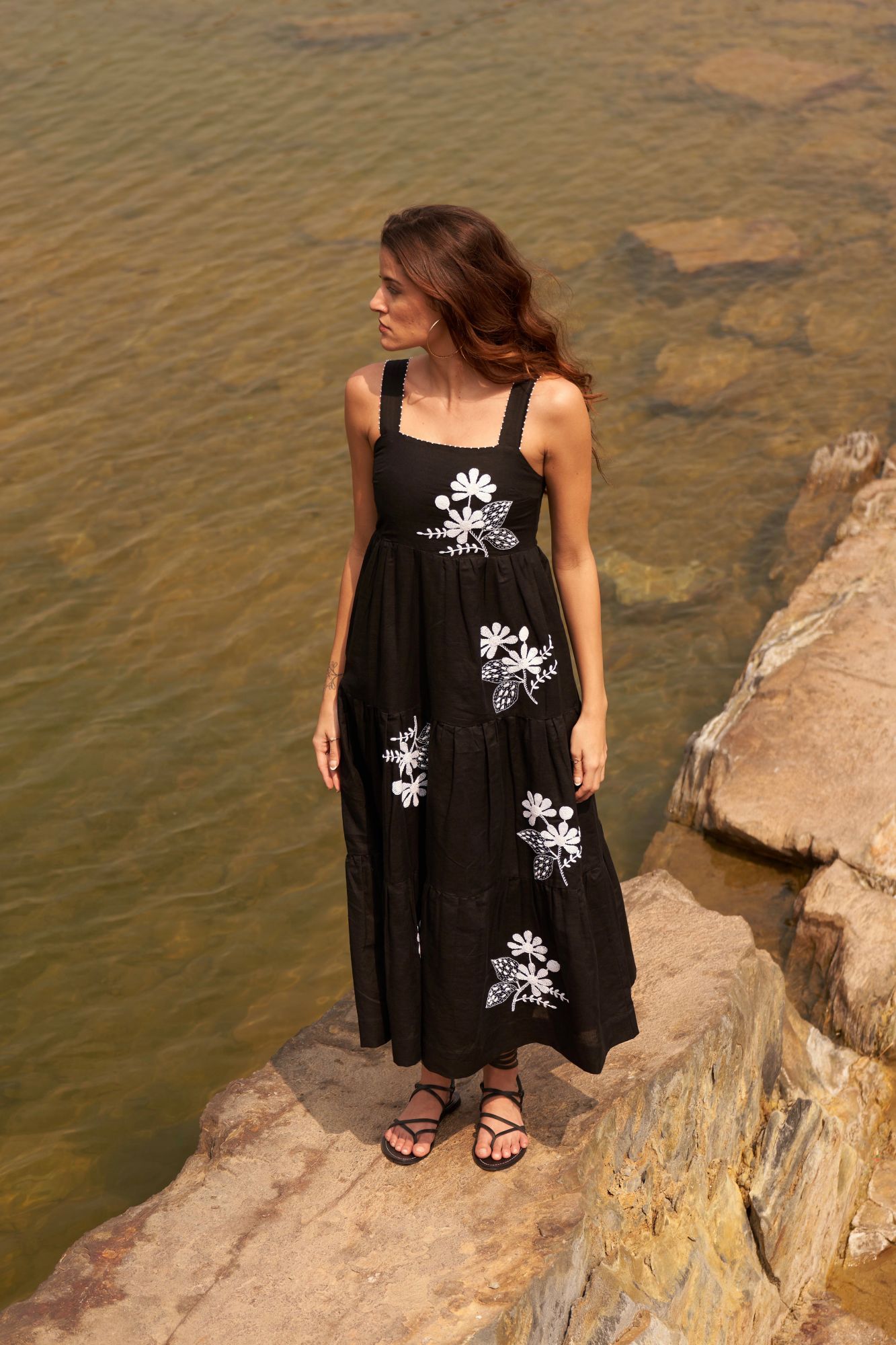 DESERT ROSE BLACK COLOR COTTON LINEN SLEEVELESS MIDI LENGTH LINED TIER DRESS WITH HAND EMBROIDERY