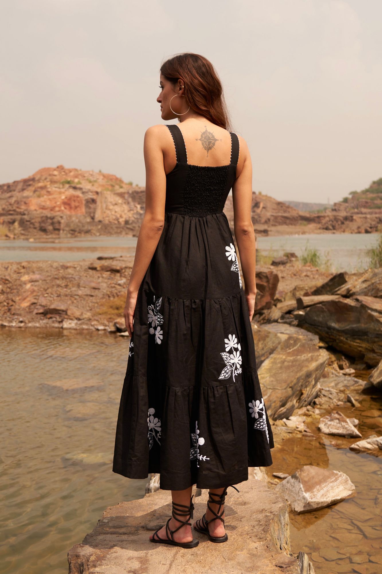 DESERT ROSE BLACK COLOR COTTON LINEN SLEEVELESS MIDI LENGTH LINED TIER DRESS WITH HAND EMBROIDERY