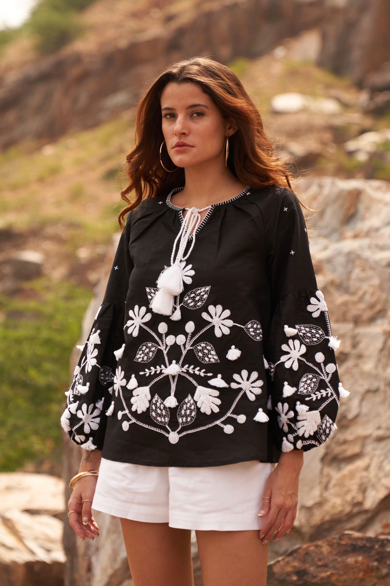DESERT ROSE BLACK COLOR LINEN TOP WITH FULL SLEEVES AND PLACEMENT HAND EMBROIDERY