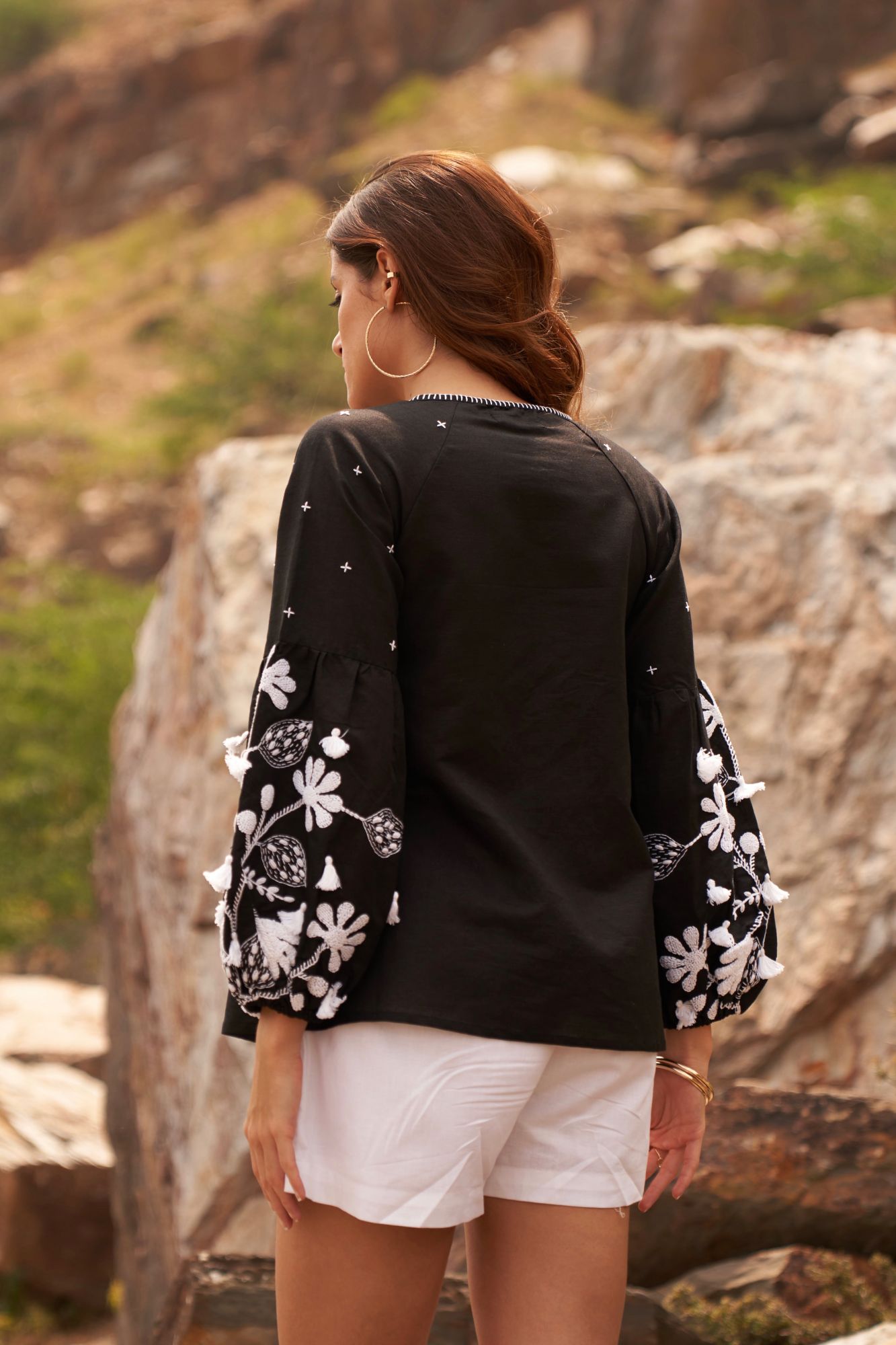 DESERT ROSE BLACK COLOR LINEN TOP WITH FULL SLEEVES AND PLACEMENT HAND EMBROIDERY