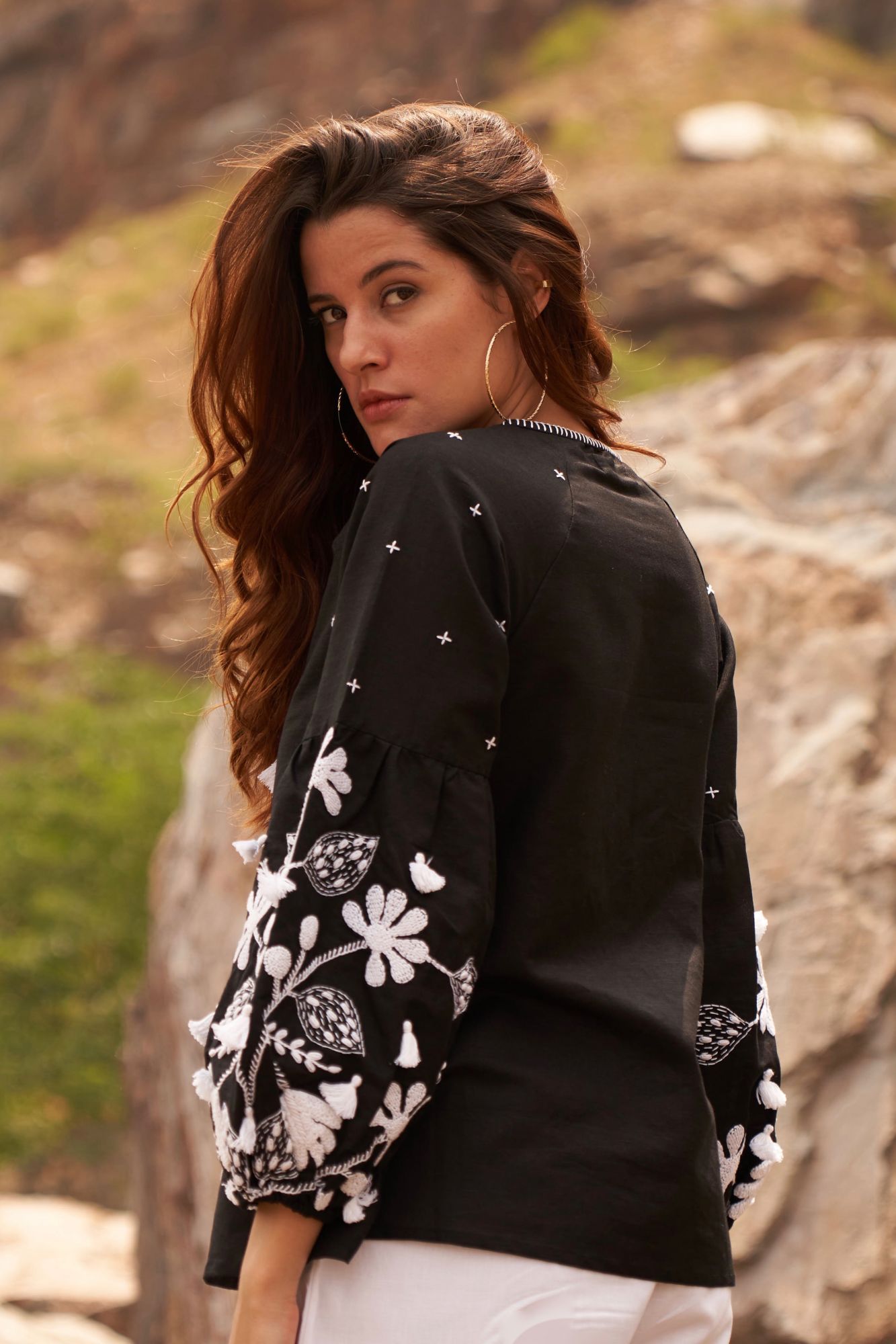 DESERT ROSE BLACK COLOR LINEN TOP WITH FULL SLEEVES AND PLACEMENT HAND EMBROIDERY
