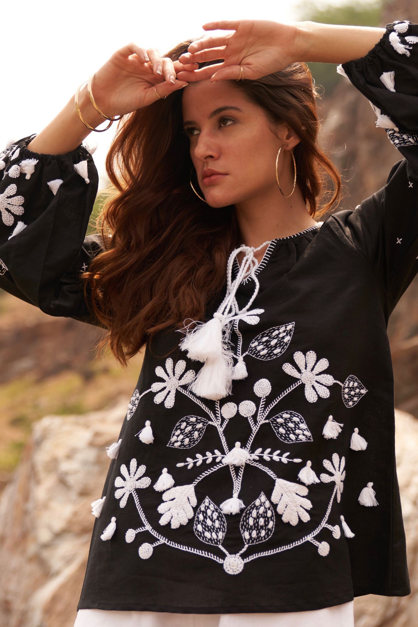 DESERT ROSE BLACK COLOR LINEN TOP WITH FULL SLEEVES AND PLACEMENT HAND EMBROIDERY