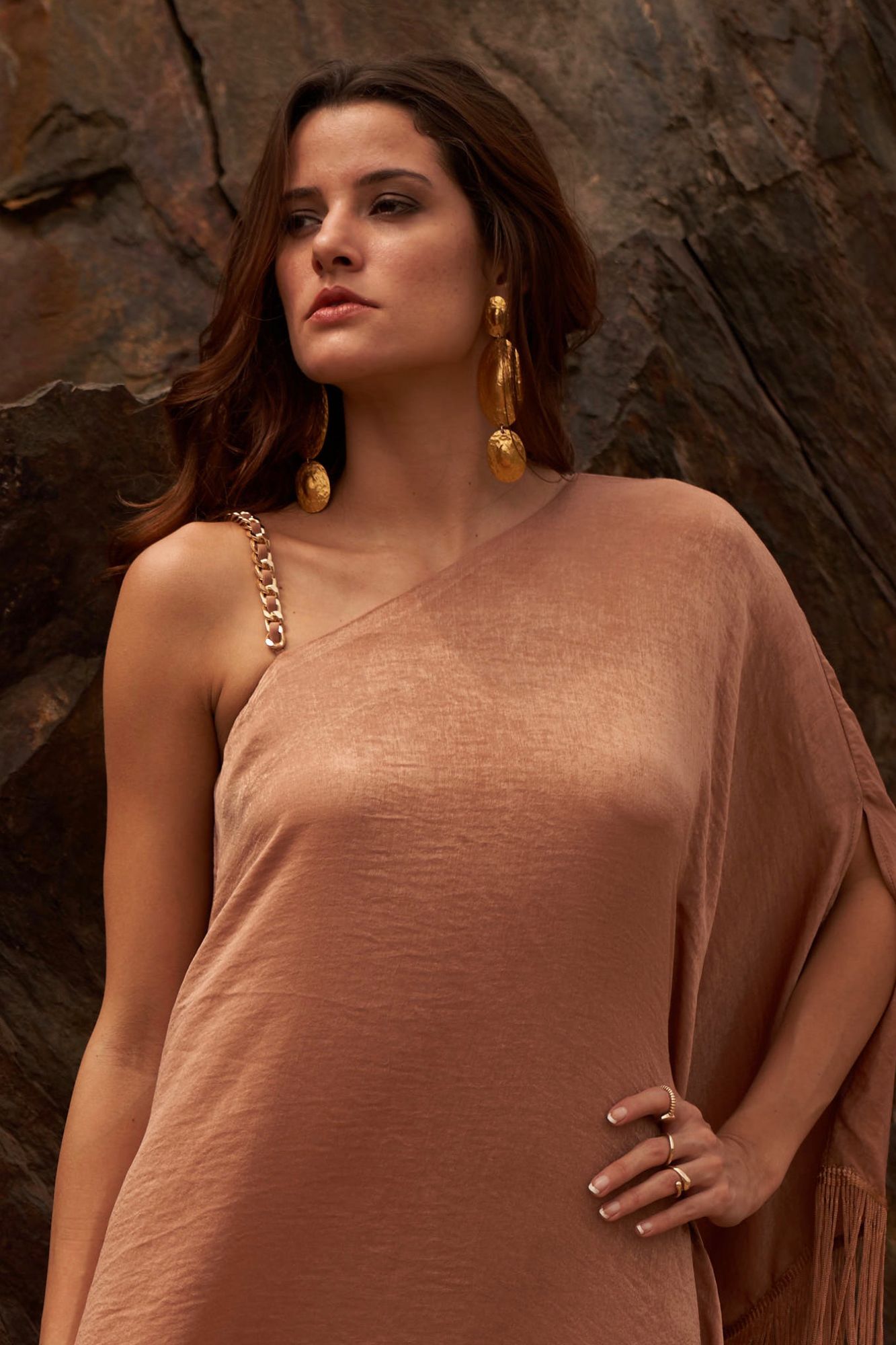 DESERT ROSE SAND COLOR SATIN CREPE FRINGED HEM ONE SIDED SHOULDER TUNIC WITH PANT CO-ORDINATE