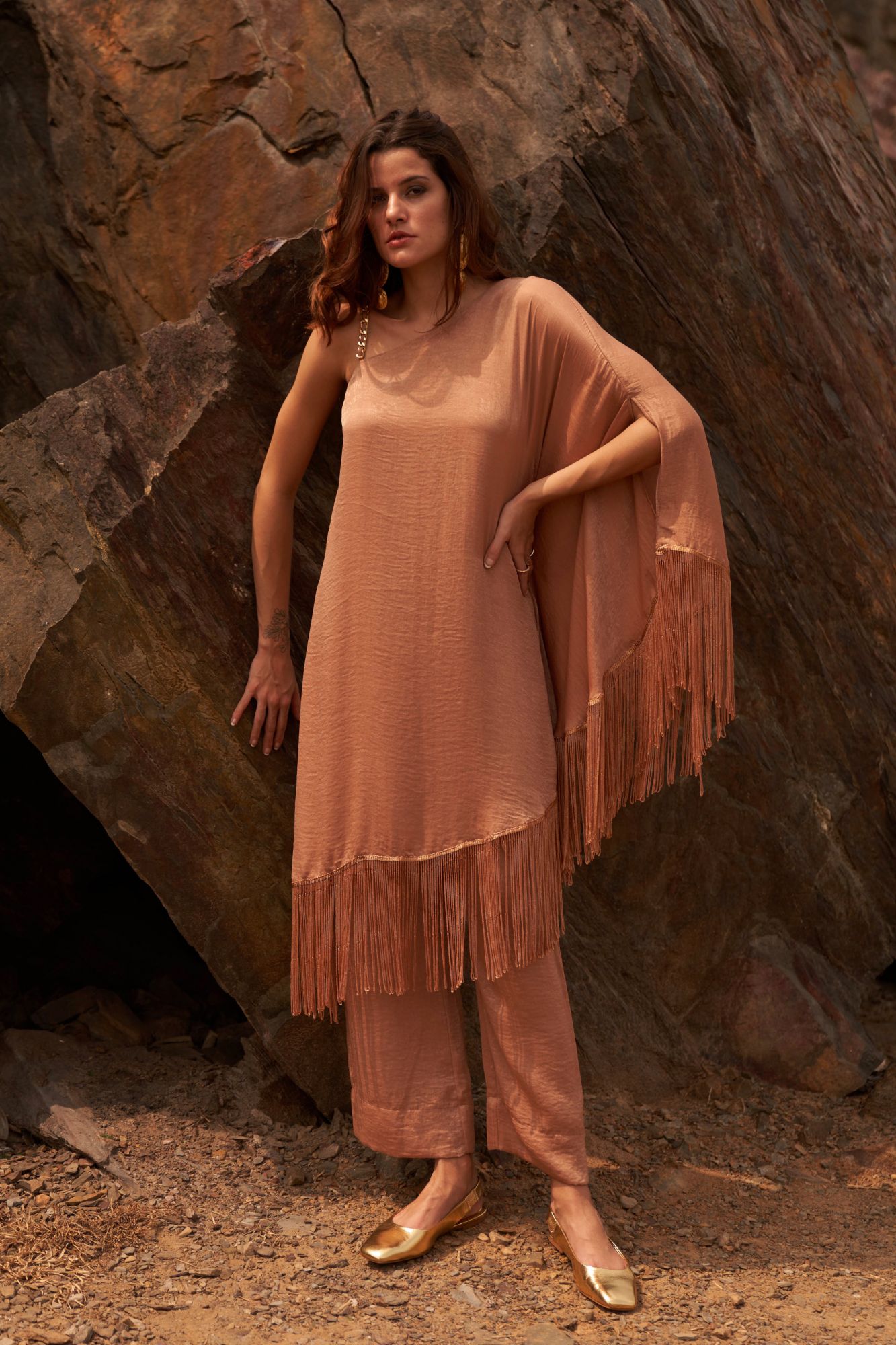 DESERT ROSE SAND COLOR SATIN CREPE FRINGED HEM ONE SIDED SHOULDER TUNIC WITH PANT CO-ORDINATE
