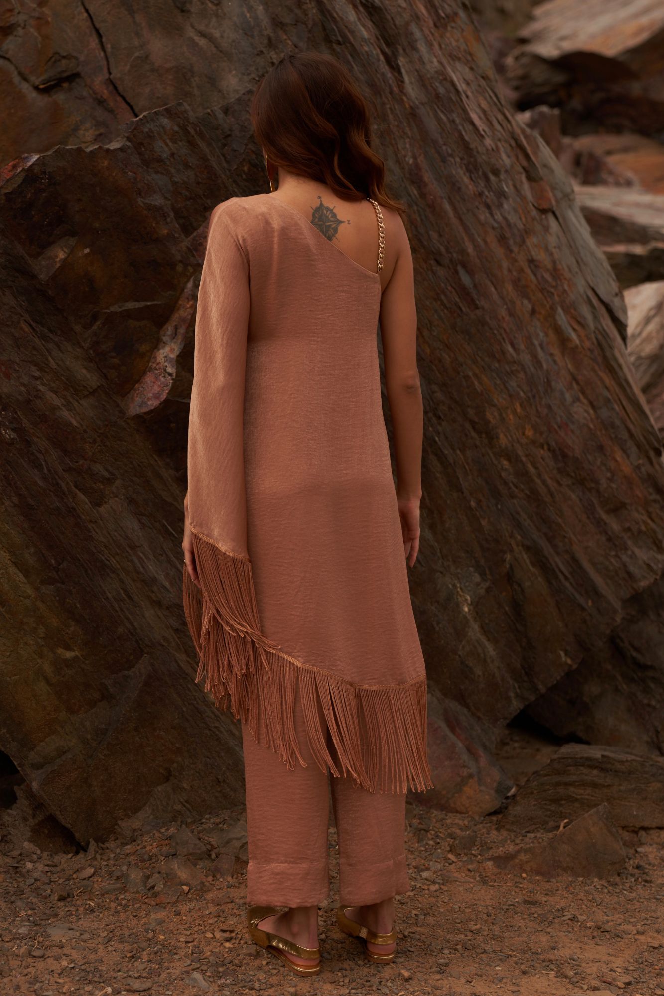DESERT ROSE SAND COLOR SATIN CREPE FRINGED HEM ONE SIDED SHOULDER TUNIC WITH PANT CO-ORDINATE