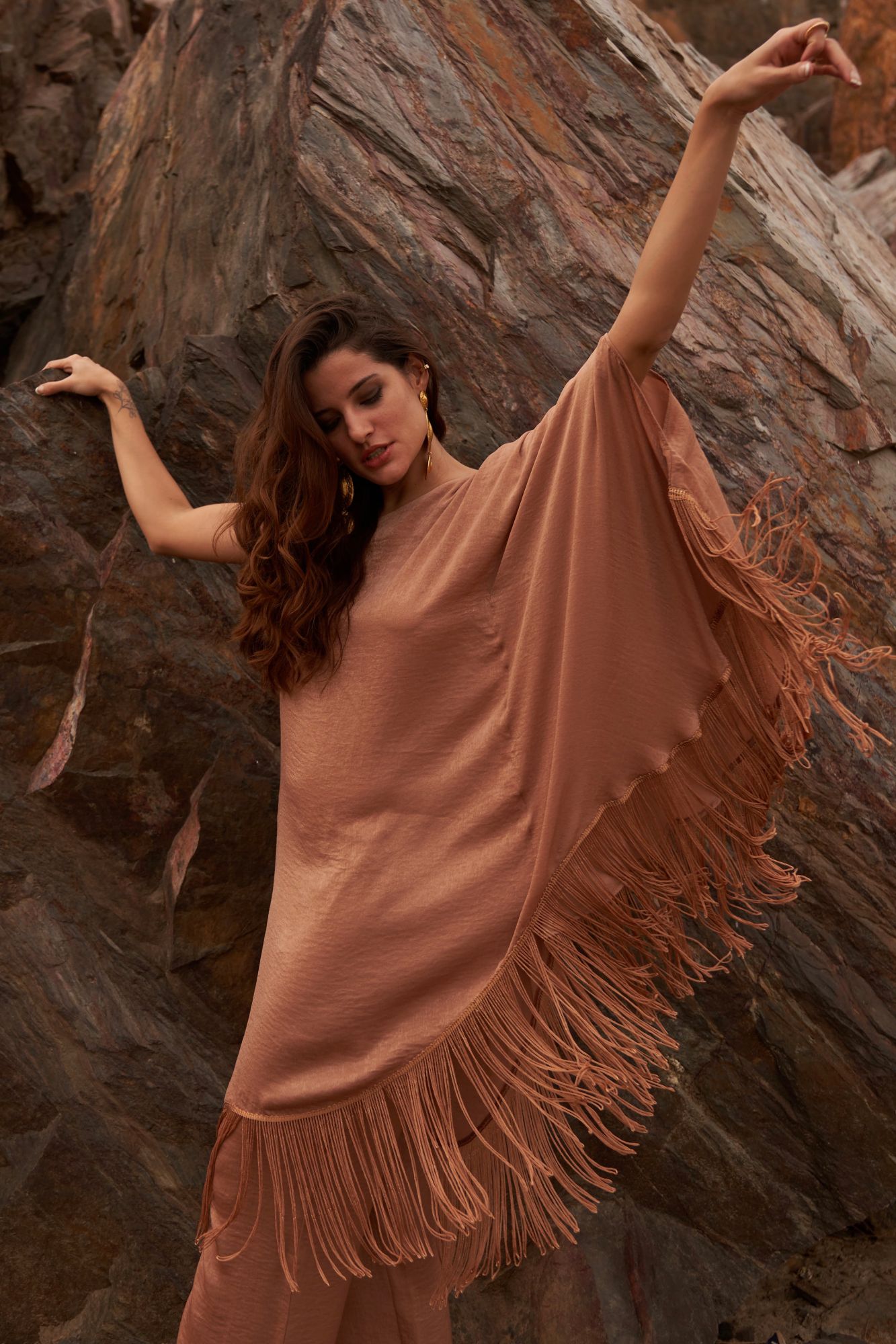 DESERT ROSE SAND COLOR SATIN CREPE FRINGED HEM ONE SIDED SHOULDER TUNIC WITH PANT CO-ORDINATE