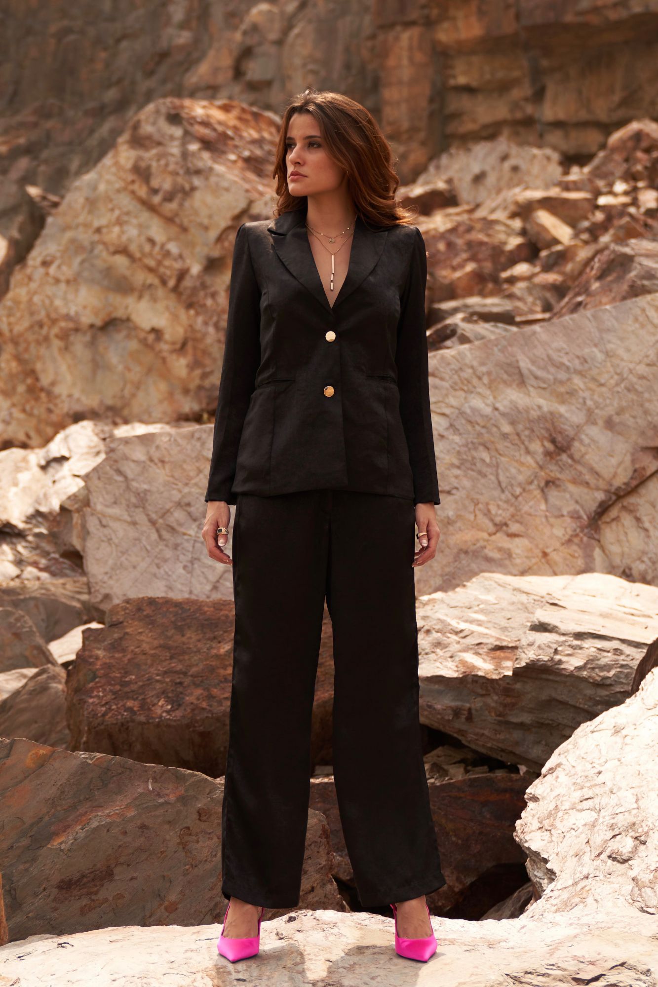 DESERT ROSE BLACK COLOR SATIN CREPE FULL LENGTH SLEEVES JACKET WITH PANT CO-ORDINATE
