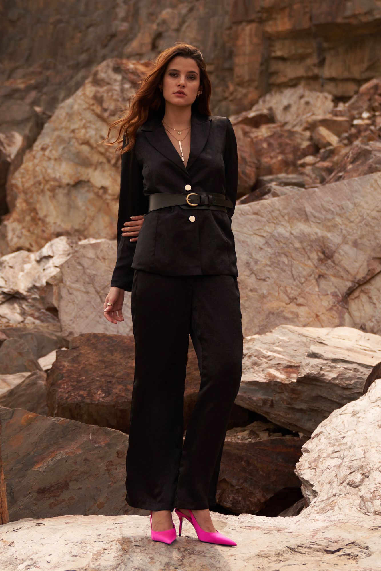 DESERT ROSE BLACK COLOR SATIN CREPE FULL LENGTH SLEEVES JACKET WITH PANT CO-ORDINATE