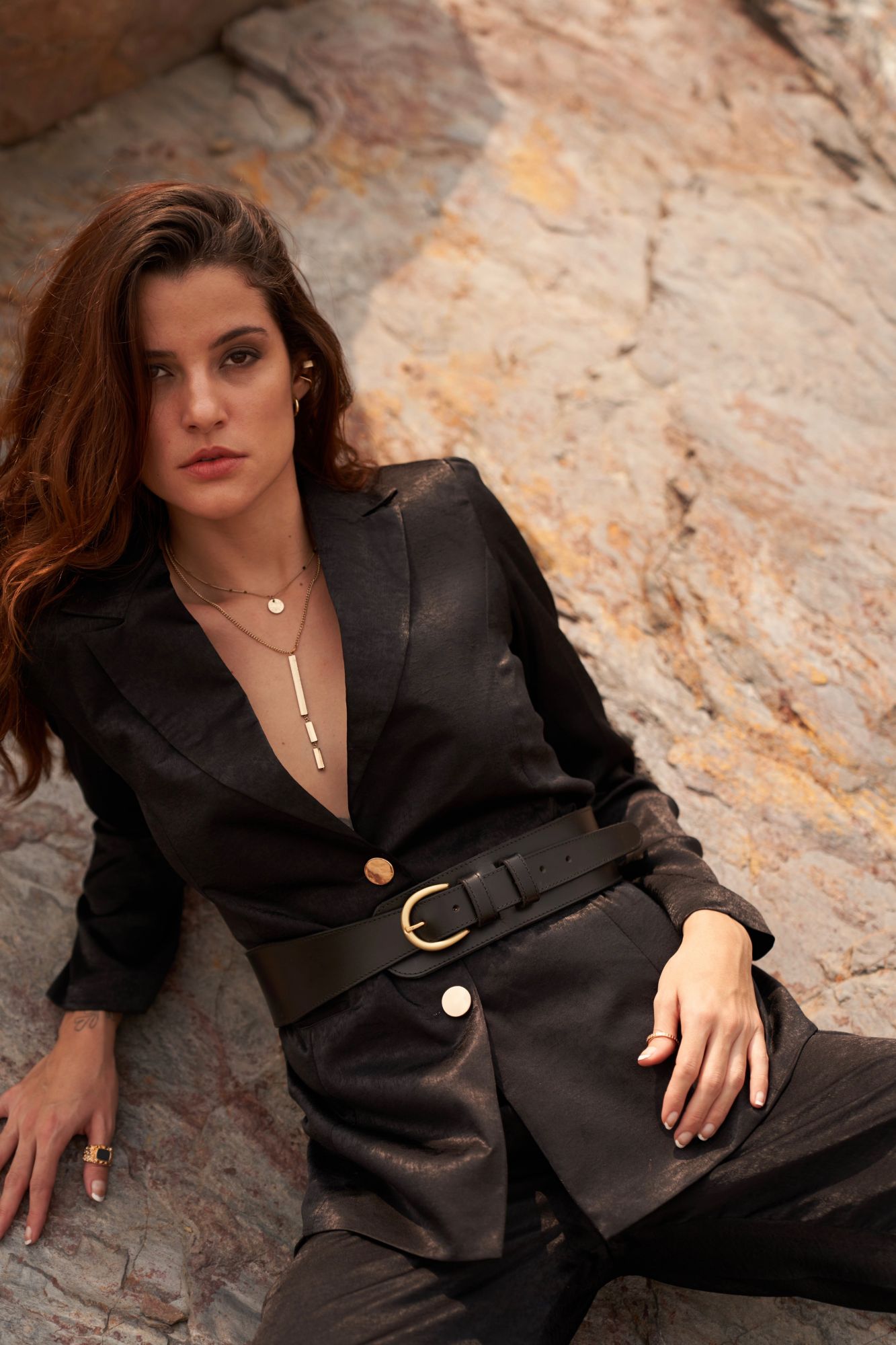 DESERT ROSE BLACK COLOR SATIN CREPE FULL LENGTH SLEEVES JACKET WITH PANT CO-ORDINATE