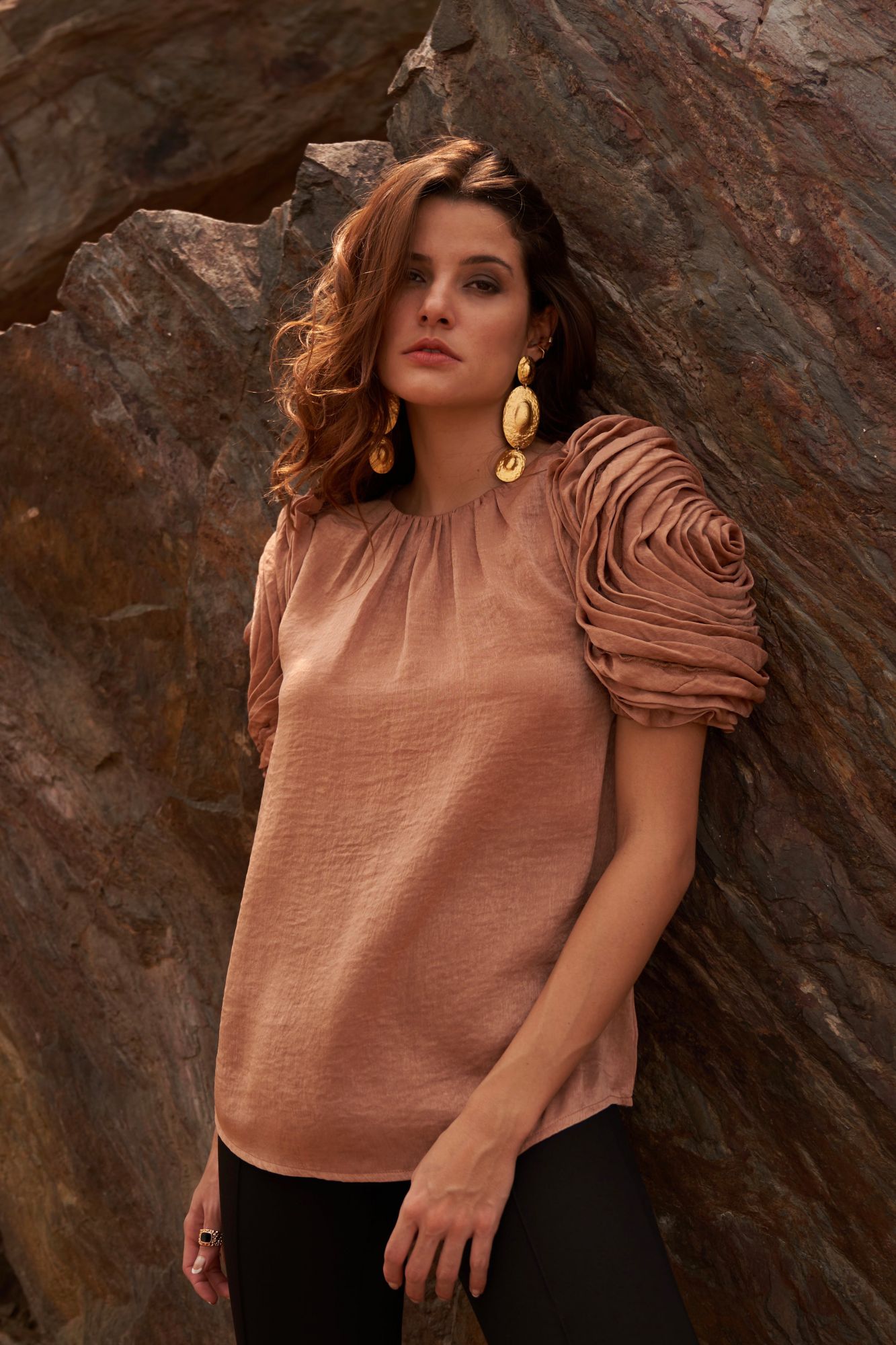 DESERT ROSE SAND COLOR SATIN CREPE STATEMENT TOP WITH ROUND NECK AND DETAILED SLEEVES