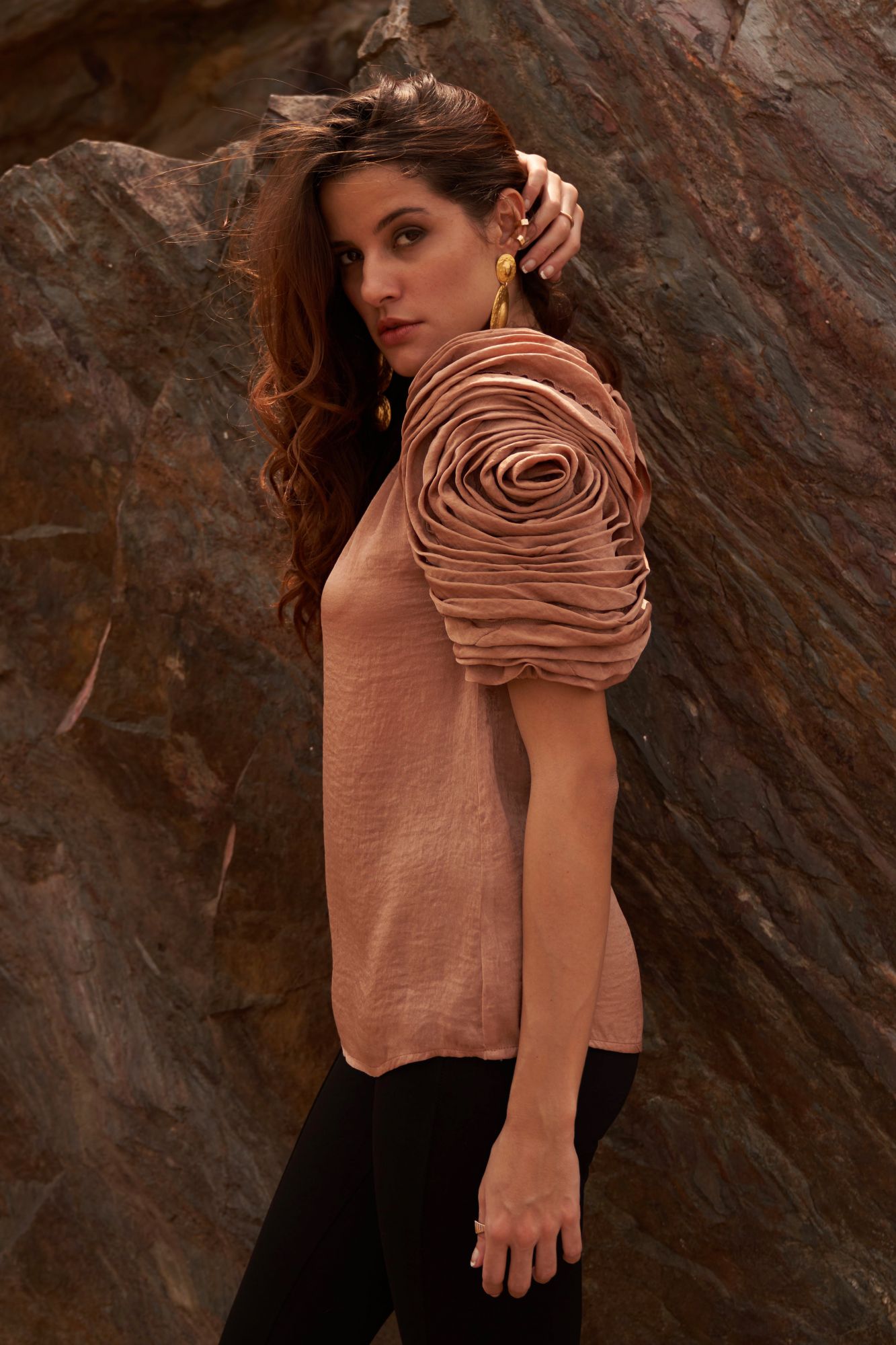 DESERT ROSE SAND COLOR SATIN CREPE STATEMENT TOP WITH ROUND NECK AND DETAILED SLEEVES