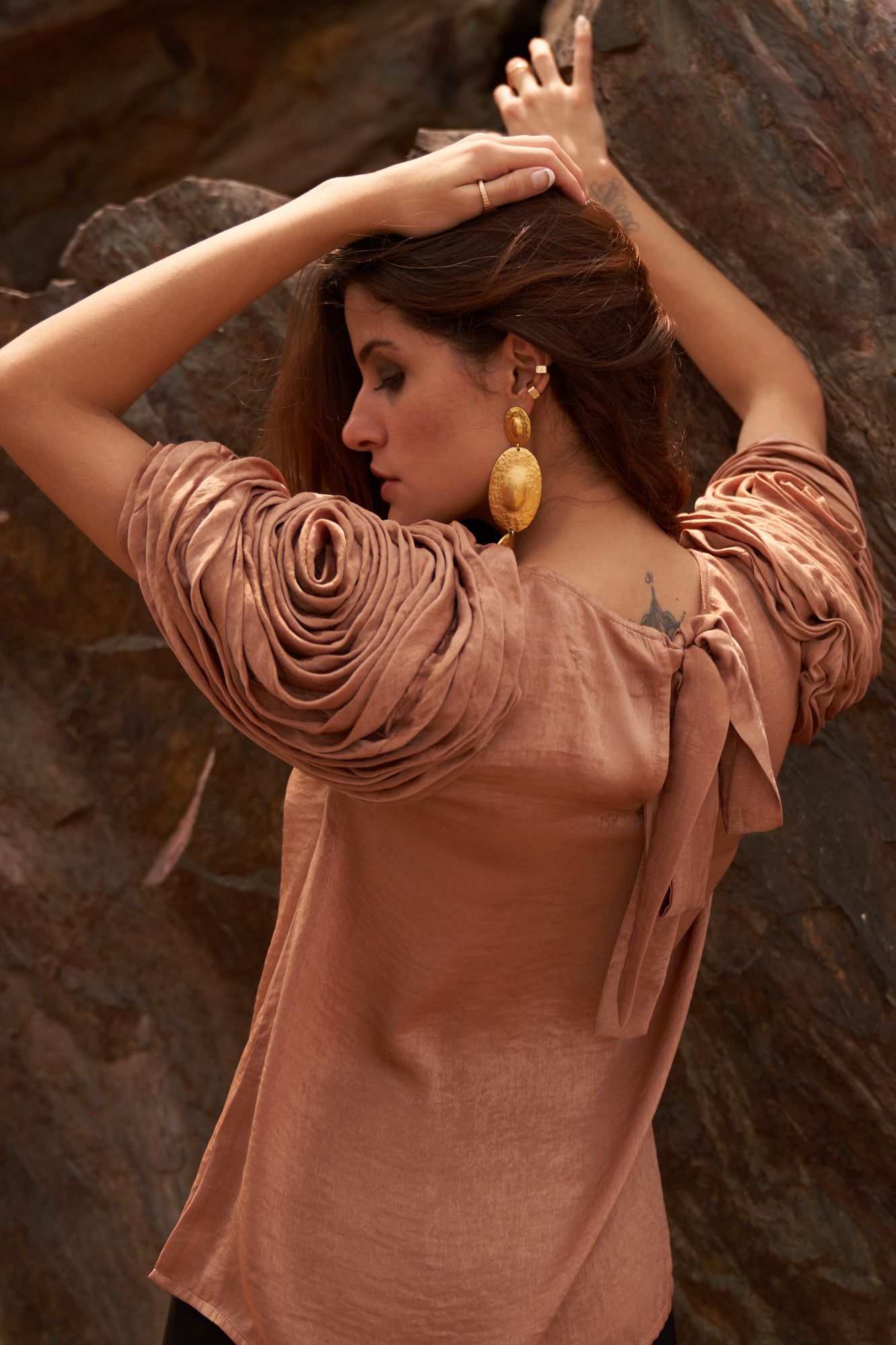 DESERT ROSE SAND COLOR SATIN CREPE STATEMENT TOP WITH ROUND NECK AND DETAILED SLEEVES