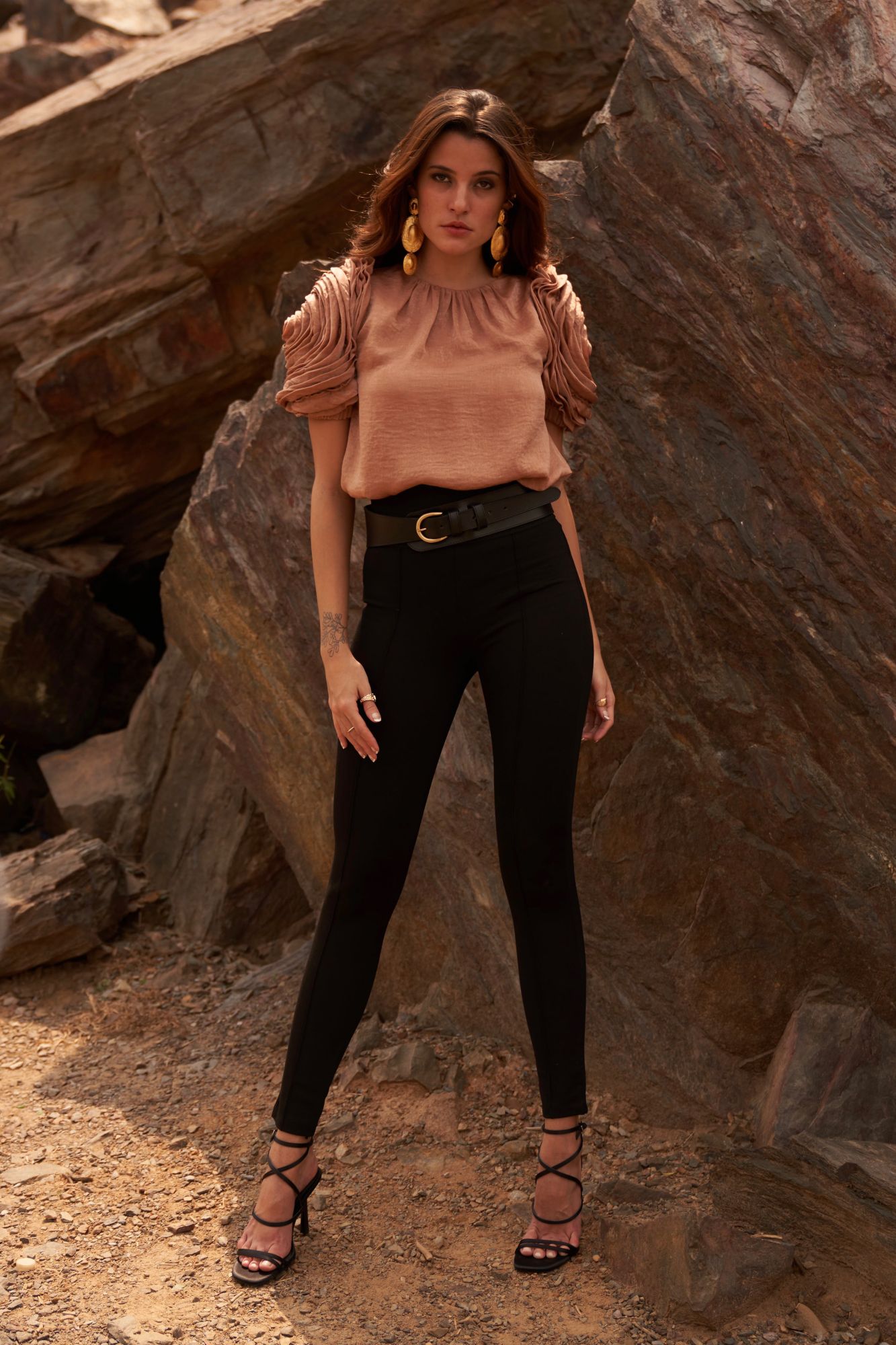 DESERT ROSE SAND COLOR SATIN CREPE STATEMENT TOP WITH ROUND NECK AND DETAILED SLEEVES