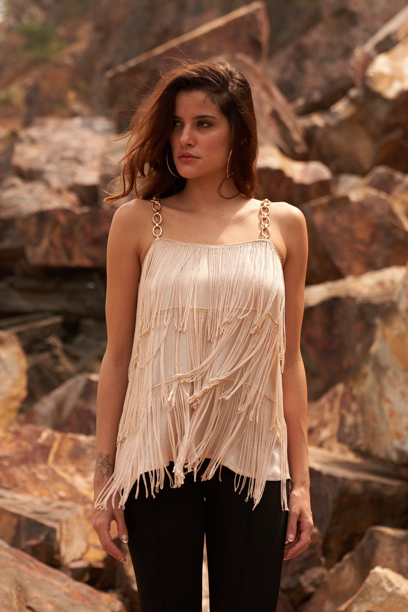 DESERT ROSE ECRU COLOR SATIN CREPE FRINGE TOP WITH METAL CHAIN SHOULDER STRAPS