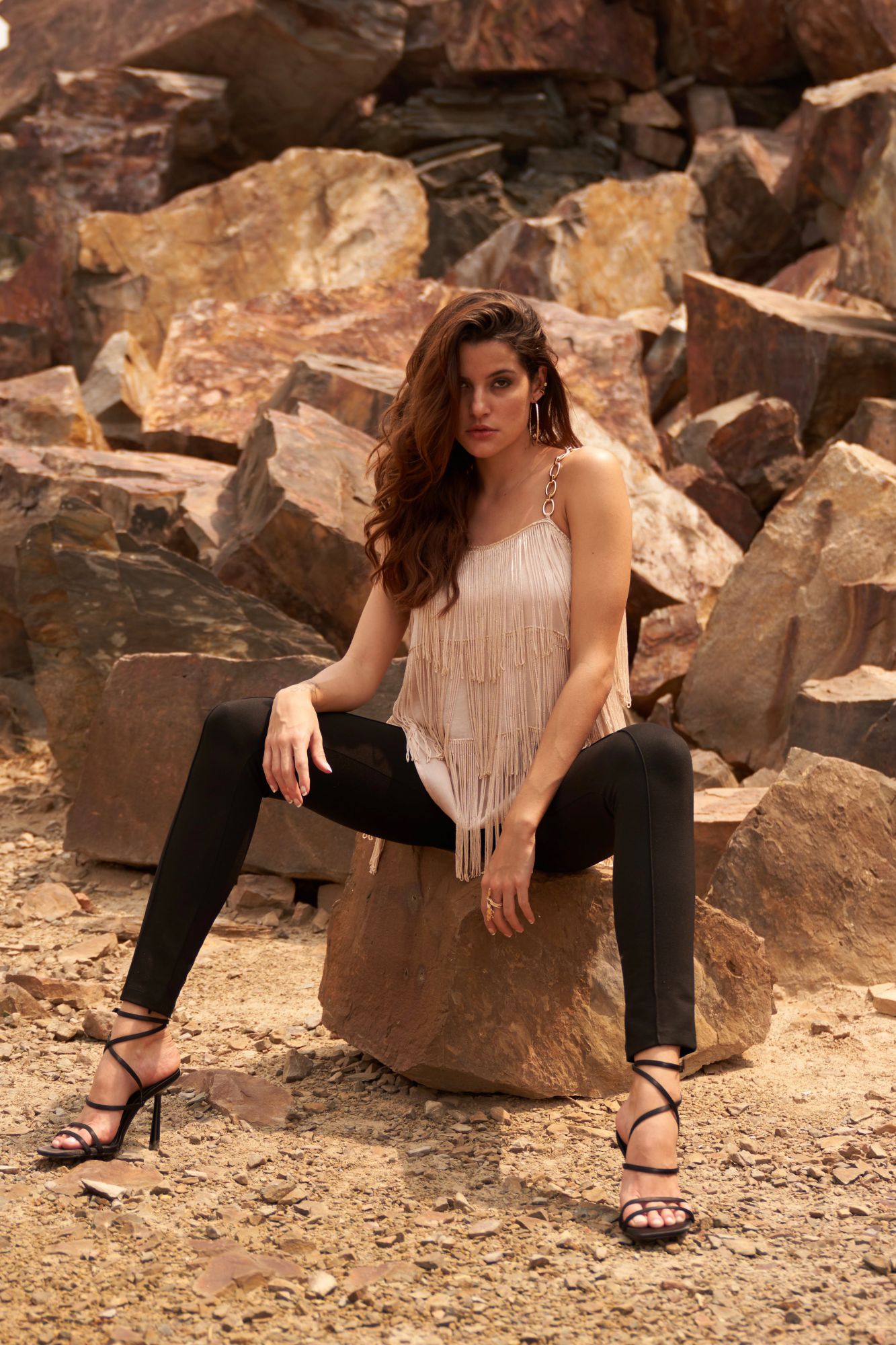 DESERT ROSE ECRU COLOR SATIN CREPE FRINGE TOP WITH METAL CHAIN SHOULDER STRAPS