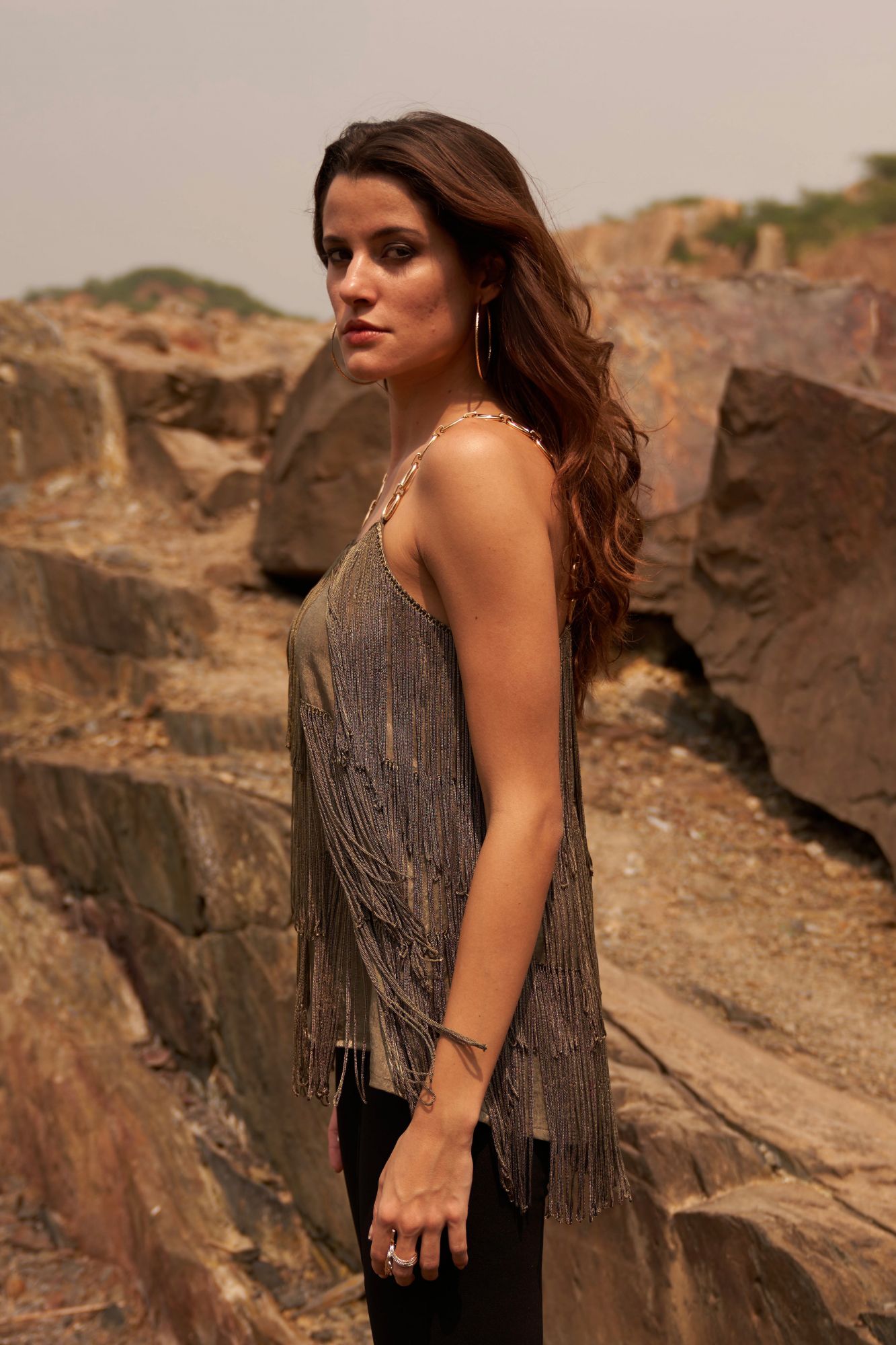 DESERT ROSE OLIVE COLOR SATIN CREPE SLEEVELESS FRINGE TOP WITH METAL CHAIN STRAPS