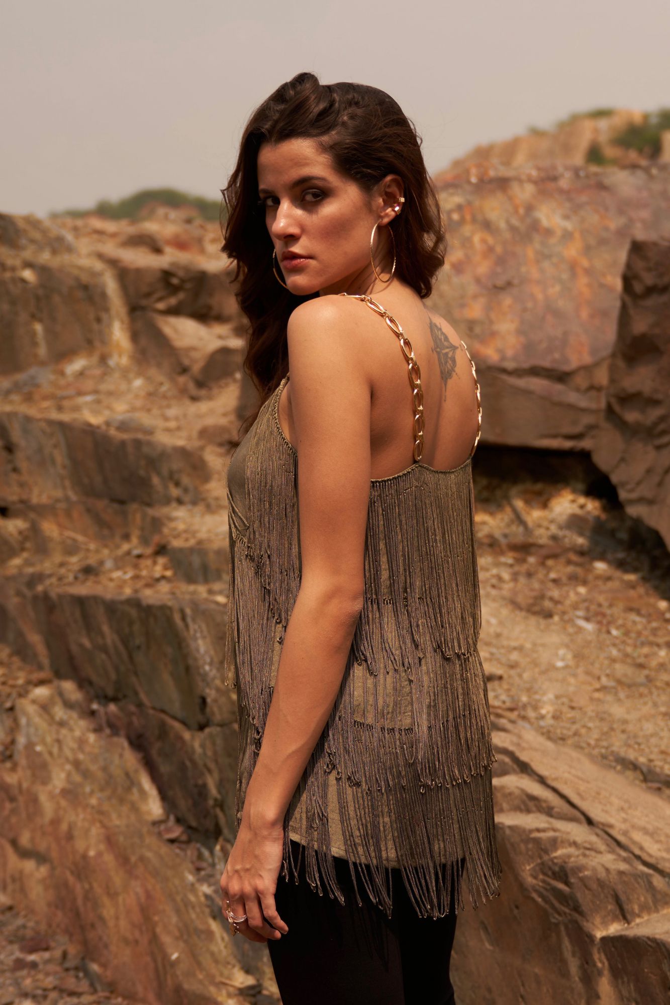 DESERT ROSE OLIVE COLOR SATIN CREPE SLEEVELESS FRINGE TOP WITH METAL CHAIN STRAPS