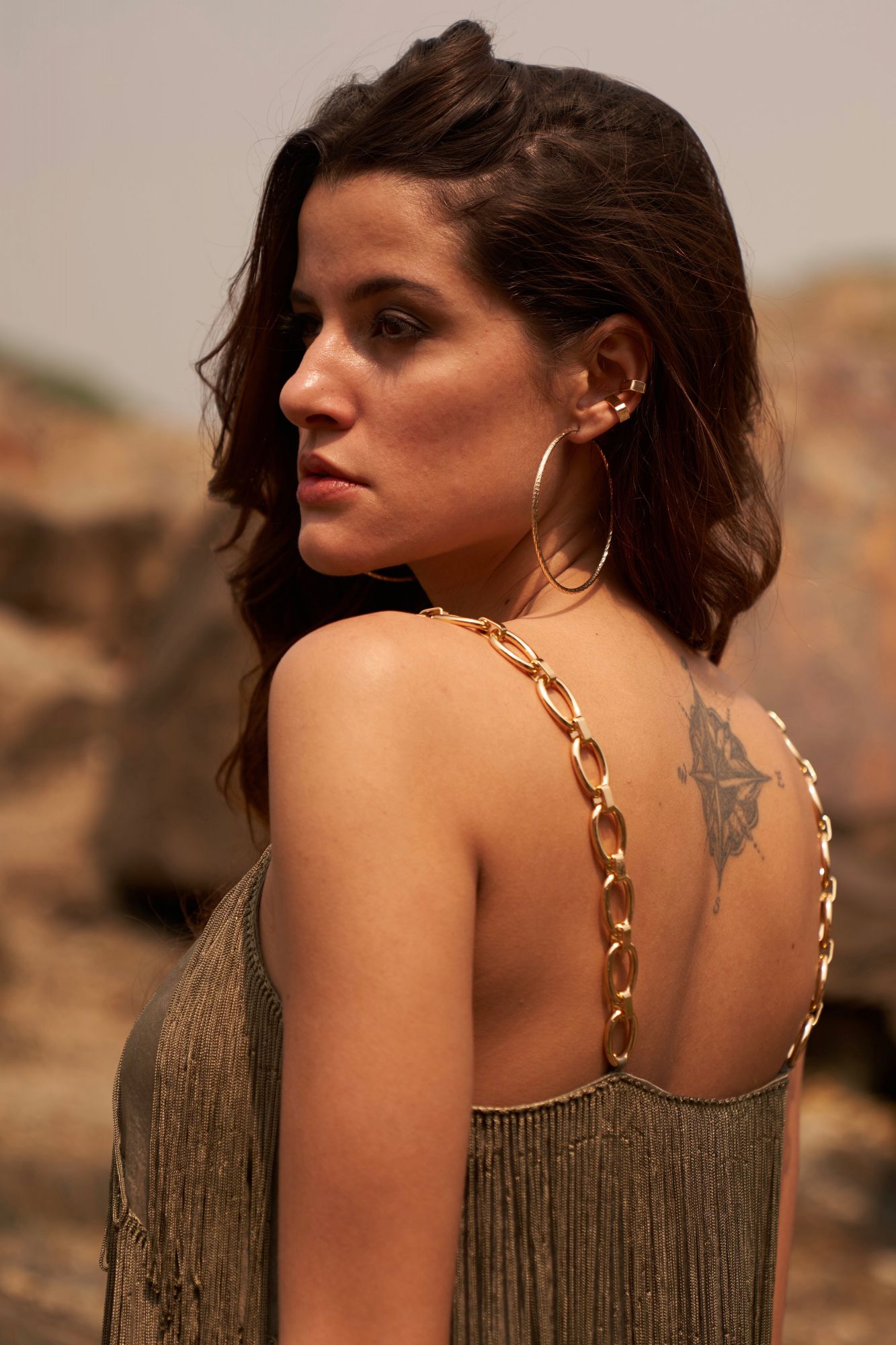 DESERT ROSE OLIVE COLOR SATIN CREPE SLEEVELESS FRINGE TOP WITH METAL CHAIN STRAPS