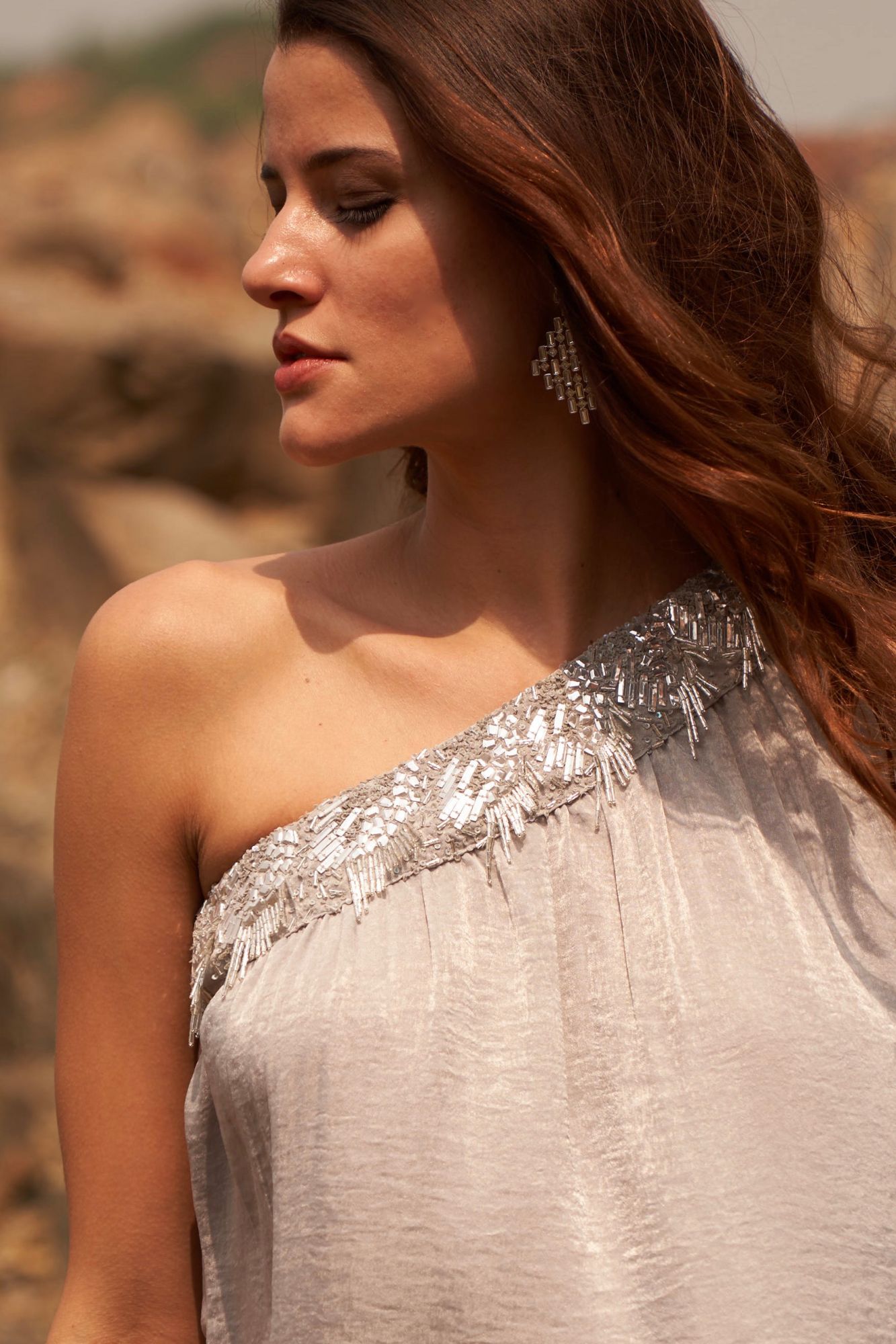 DESERT ROSE SILVER COLOR SATIN CREPE ONE SIDED SHOULDER TOP WITH SEQUIN BEAD HAND EMBROIDERY