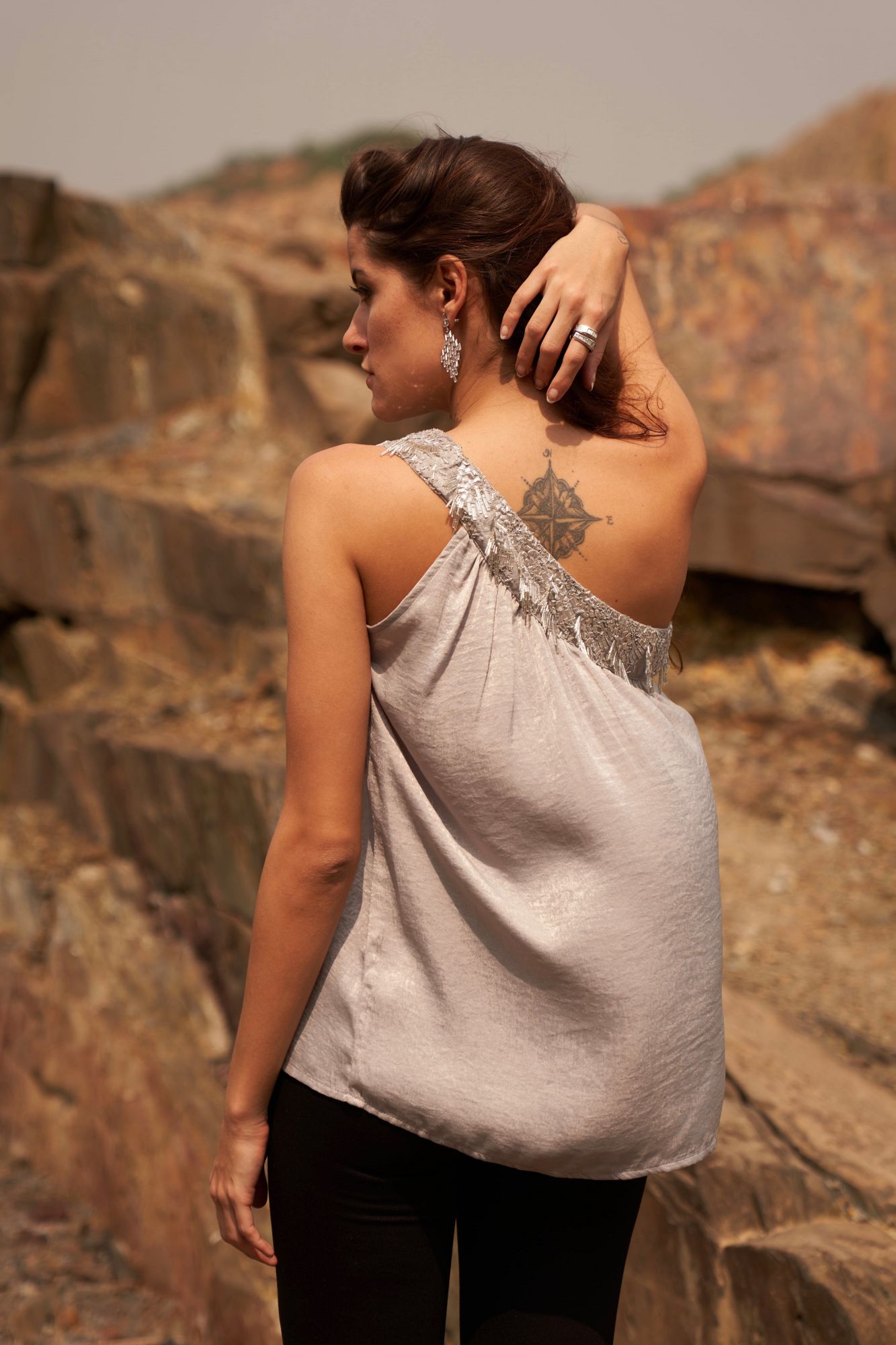 DESERT ROSE SILVER COLOR SATIN CREPE ONE SIDED SHOULDER TOP WITH SEQUIN BEAD HAND EMBROIDERY