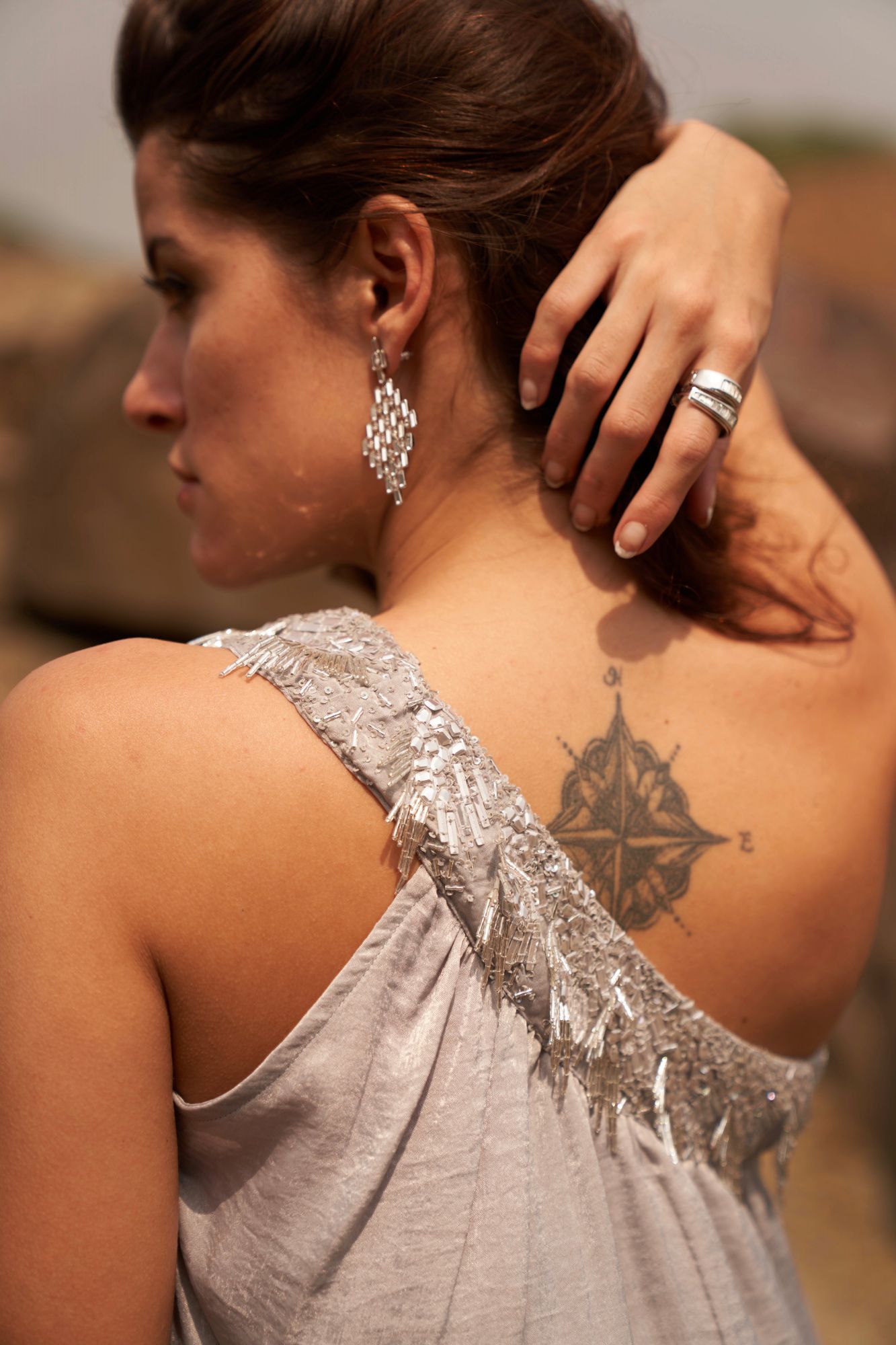 DESERT ROSE SILVER COLOR SATIN CREPE ONE SIDED SHOULDER TOP WITH SEQUIN BEAD HAND EMBROIDERY