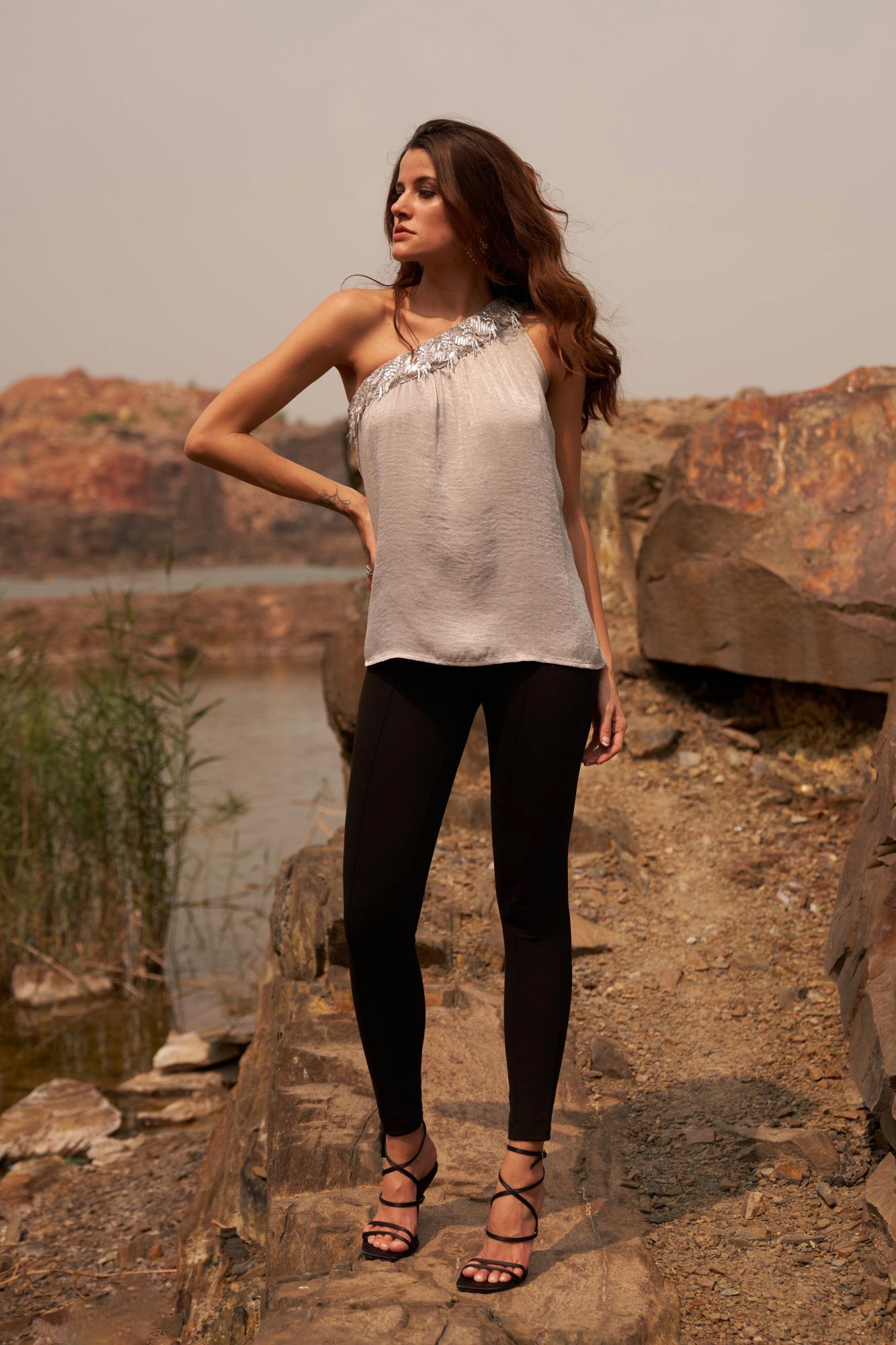 DESERT ROSE SILVER COLOR SATIN CREPE ONE SIDED SHOULDER TOP WITH SEQUIN BEAD HAND EMBROIDERY