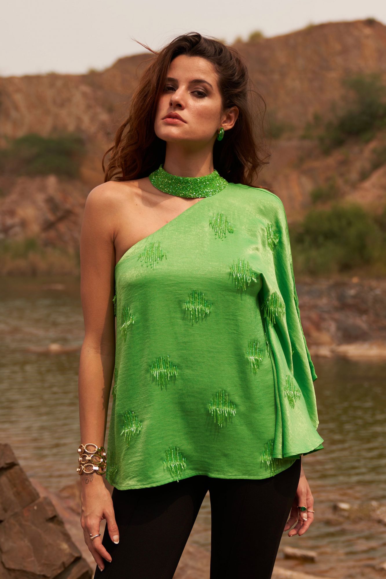 DESERT ROSE GREEN COLOR SATIN CREPE ONE SIDED SHOULDER TOP WITH SEQUIN AND BEAD HAND EMBROIDERY