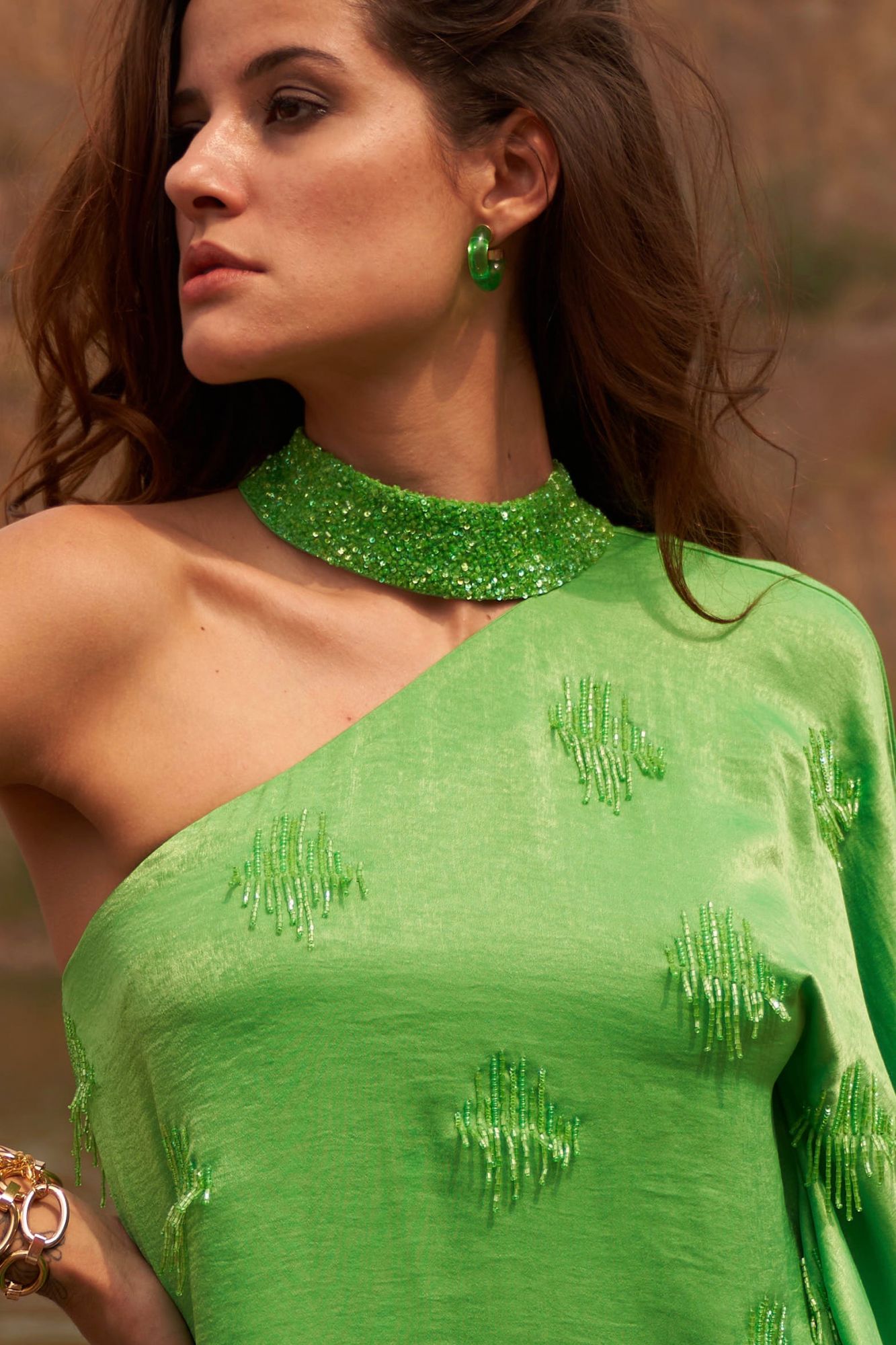 DESERT ROSE GREEN COLOR SATIN CREPE ONE SIDED SHOULDER TOP WITH SEQUIN AND BEAD HAND EMBROIDERY