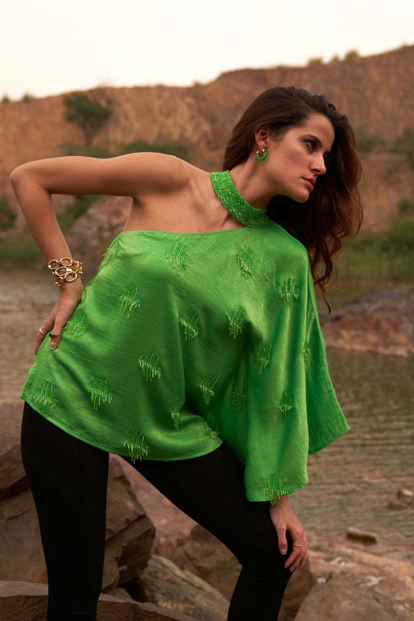 DESERT ROSE GREEN COLOR SATIN CREPE ONE SIDED SHOULDER TOP WITH SEQUIN AND BEAD HAND EMBROIDERY