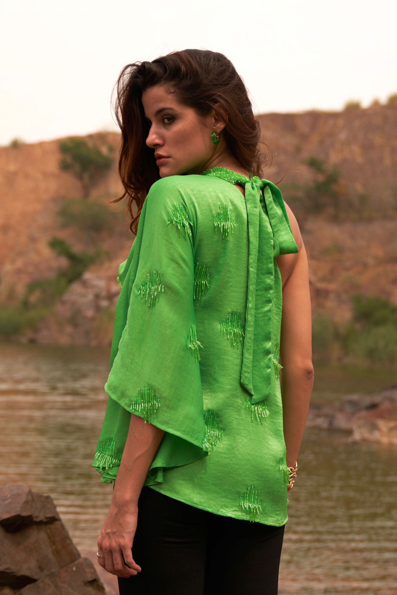 DESERT ROSE GREEN COLOR SATIN CREPE ONE SIDED SHOULDER TOP WITH SEQUIN AND BEAD HAND EMBROIDERY