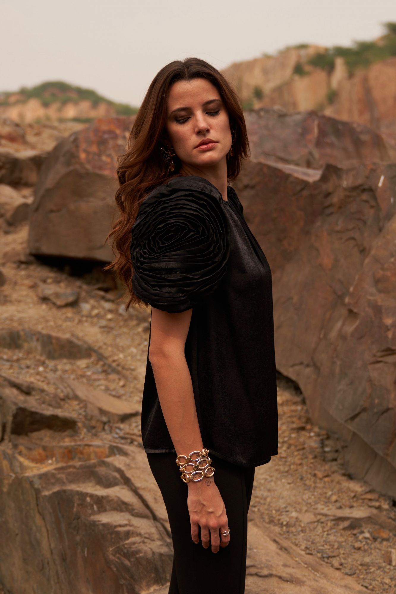 DESERT ROSE BLACK SATIN CREPE STATEMENT TOP WITH ROUND NECK AND DETAILED SLEEVES