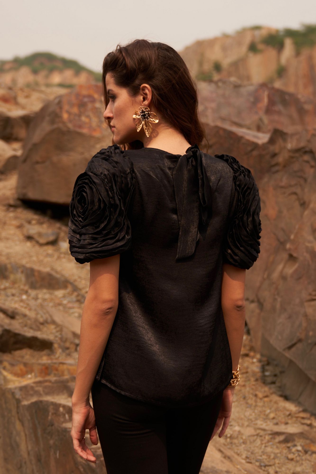 DESERT ROSE BLACK SATIN CREPE STATEMENT TOP WITH ROUND NECK AND DETAILED SLEEVES
